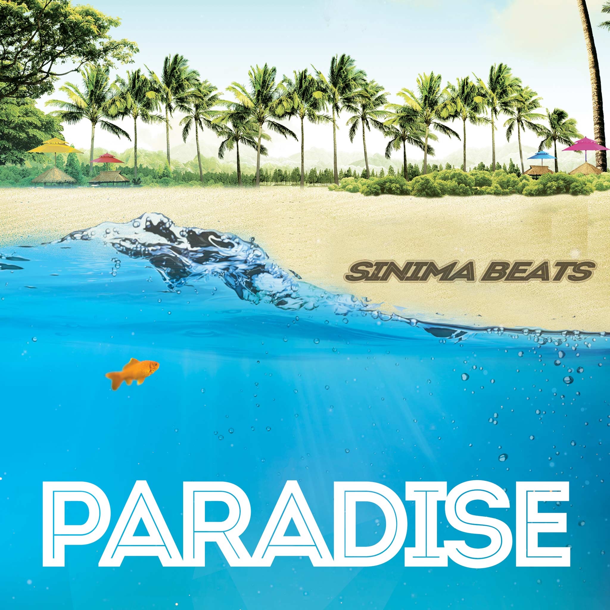 The "Paradise" scene showcases a tropical beach with palm trees, umbrellas, and huts on golden sand. The clear daytime sky and calm water, where goldfish swim, create a serene and idyllic atmosphere. This image embodies relaxation and escape, emphasizing the beauty and tranquility of a perfect beach paradise.