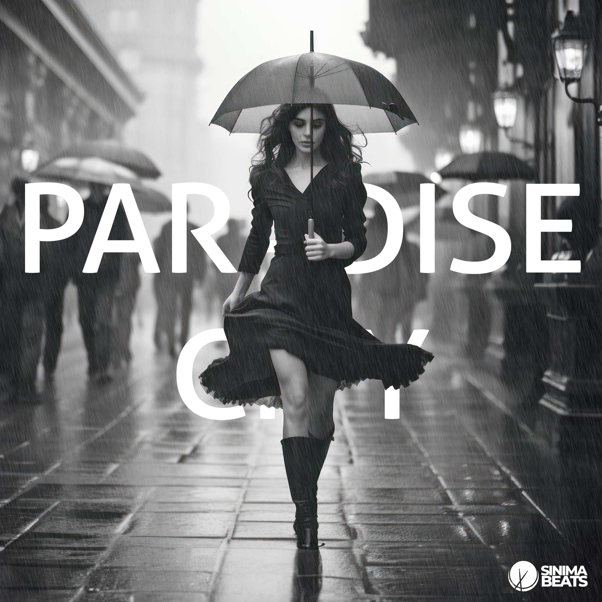 The "Paradise City" scene features a beautiful brunette woman in a black dress and long boots, holding an umbrella while walking through a city under heavy rainfall. The bustling urban backdrop, with people around her, contrasts with her elegant, solitary presence. This image captures a blend of urban life and personal style amid the rain, reflecting both resilience and sophistication.