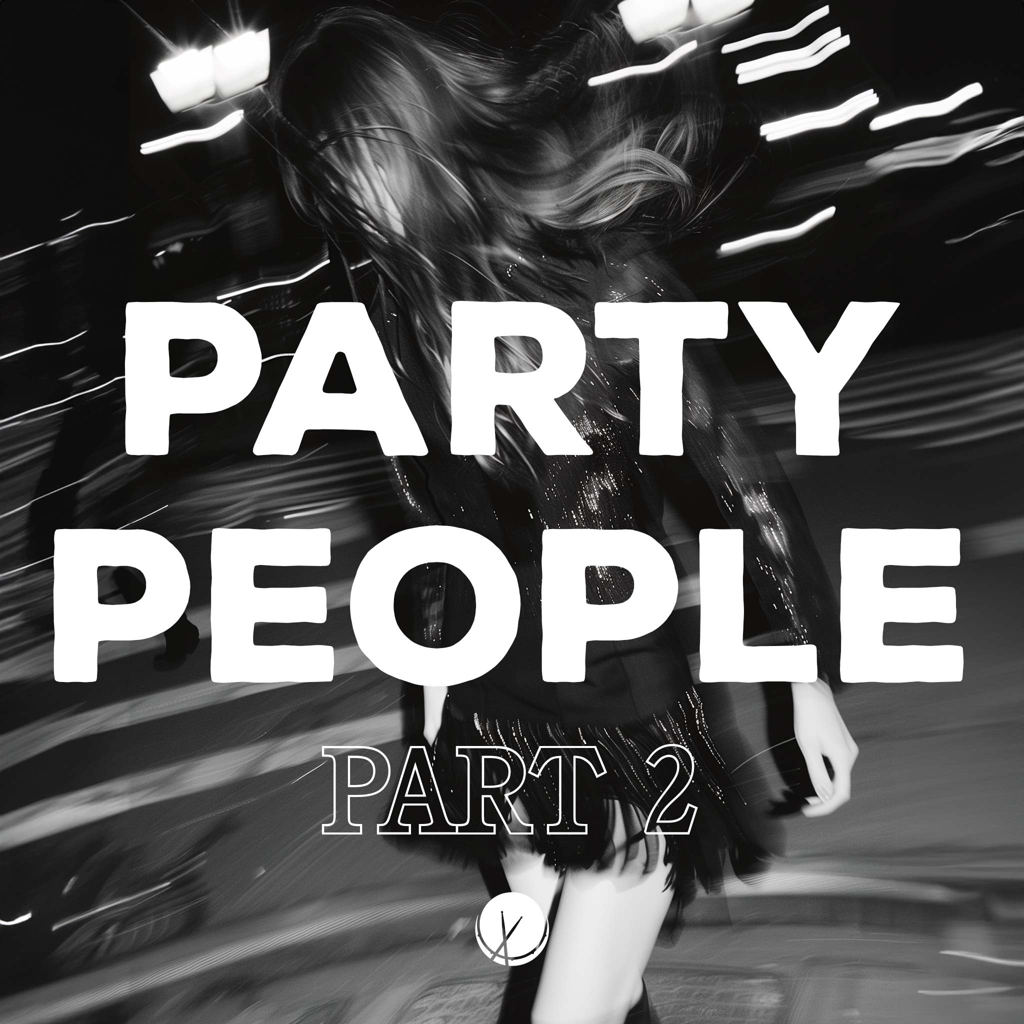 Grayscale photo of a young woman in a black jacket, skirt, and long boots, captured in an action shot outside in the city at night. Light streaks enhance the dynamic, nightlife vibe. - Party People Part 2 by Sinima Beats