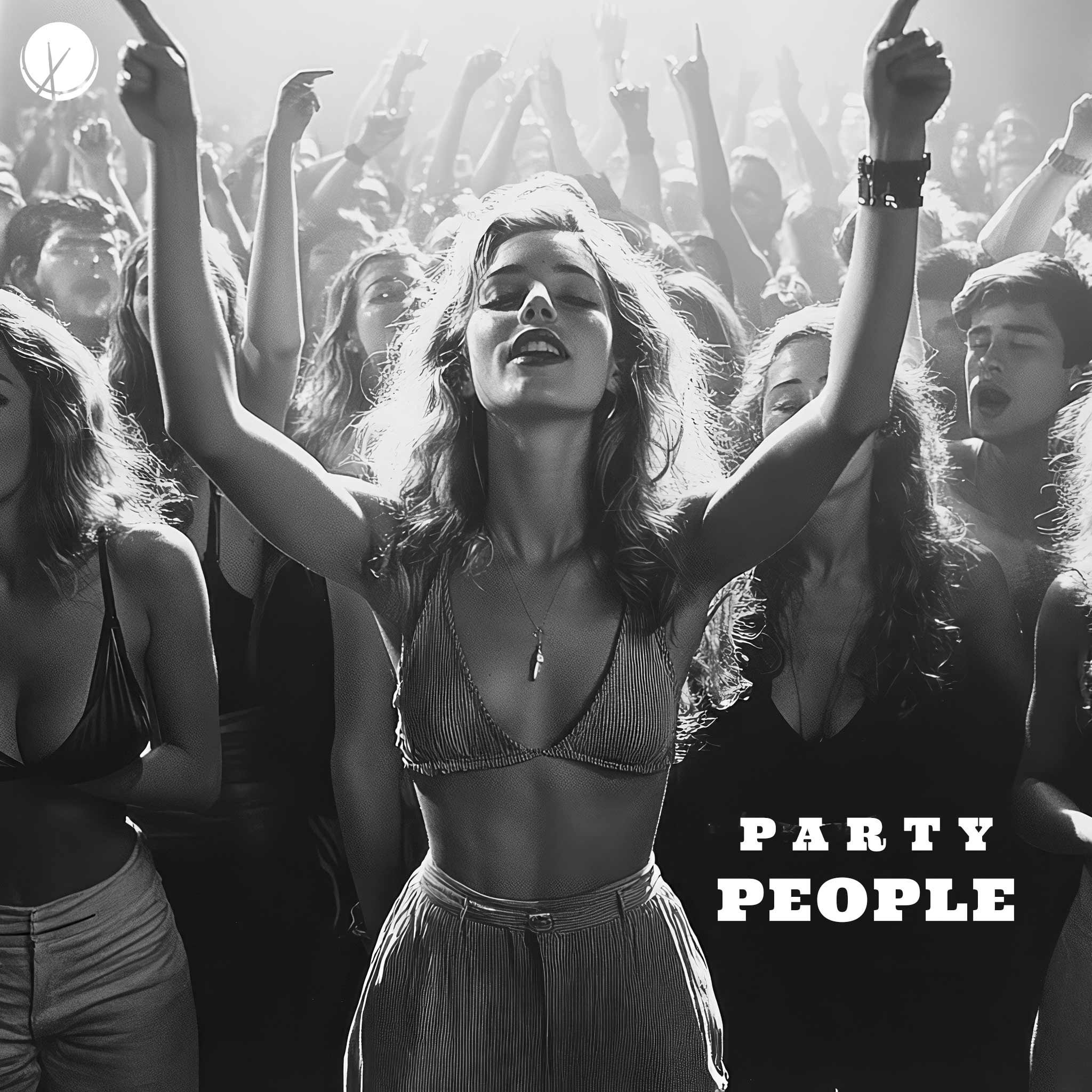 The black-and-white photograph captures a small crowd of people enjoying themselves in a lively club setting. Their animated expressions and movements highlight the vibrant energy of the party scene, fitting for a hip-hop cover art design titled "Party People." The monochrome tones enhance the classic, timeless feel of the celebration.