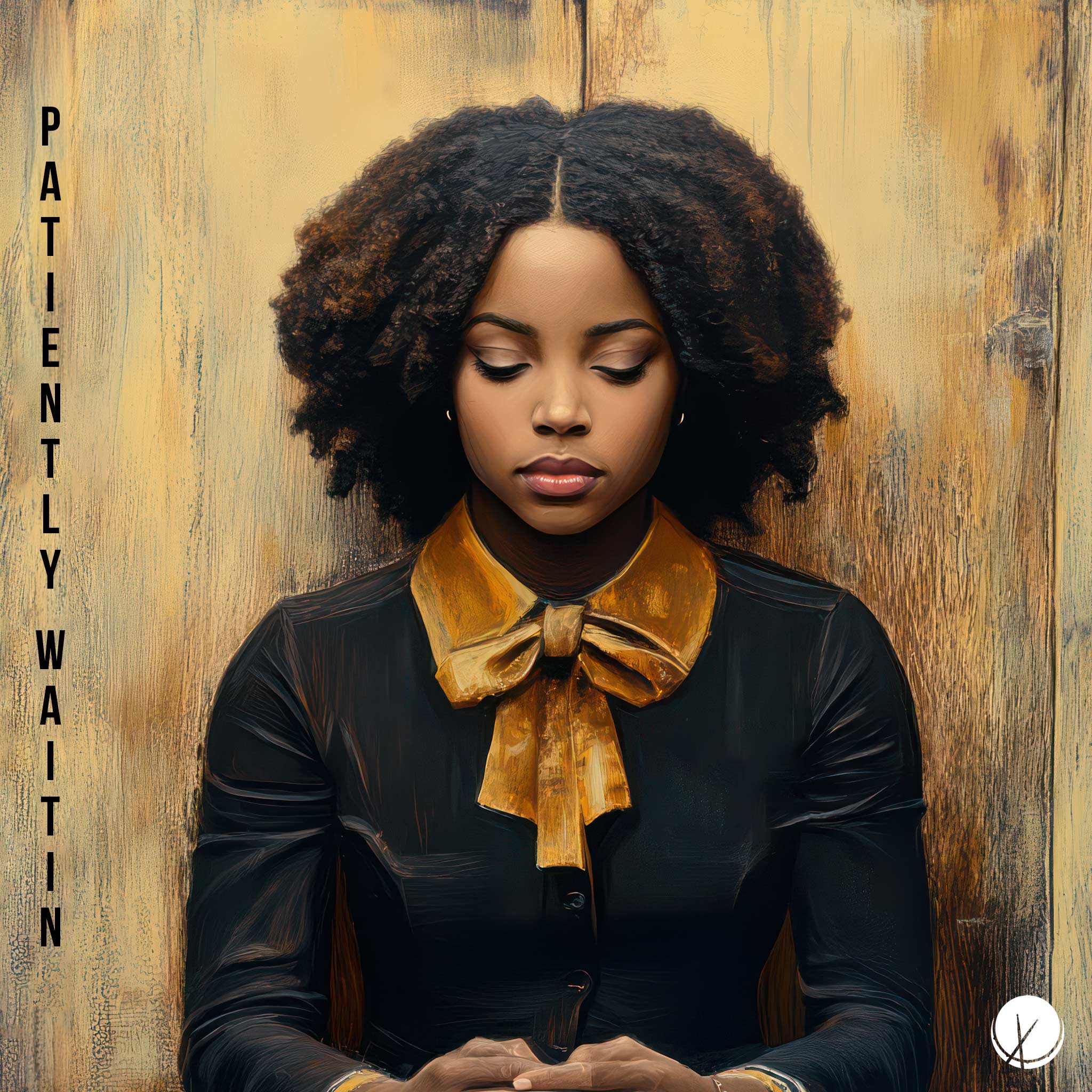 An attractive Black girl in a black dress with a yellow collar stands with a somber expression against a wooden texture background. The image captures a sense of waiting and contemplation, reflecting the theme of "Patiently Waitin'."