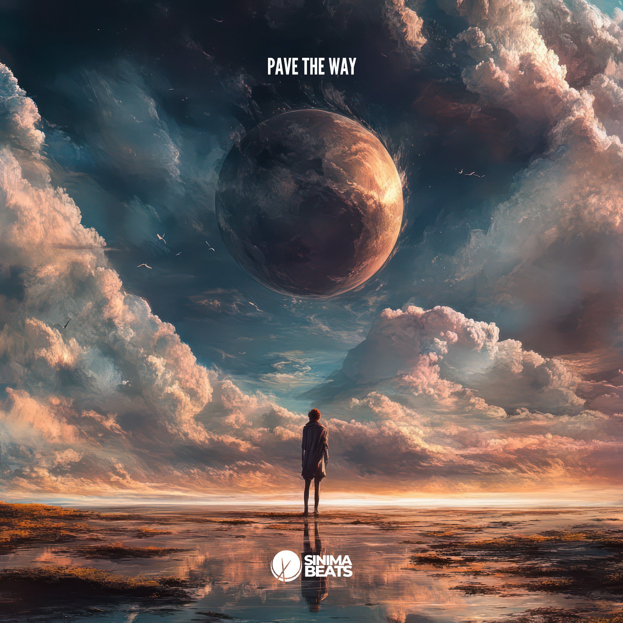 A man stands beneath a cosmic landscape with a large planet and clouds, reflecting in the water below. The scene evokes a sense of journey and ambition, capturing the theme of "Pave the Way."