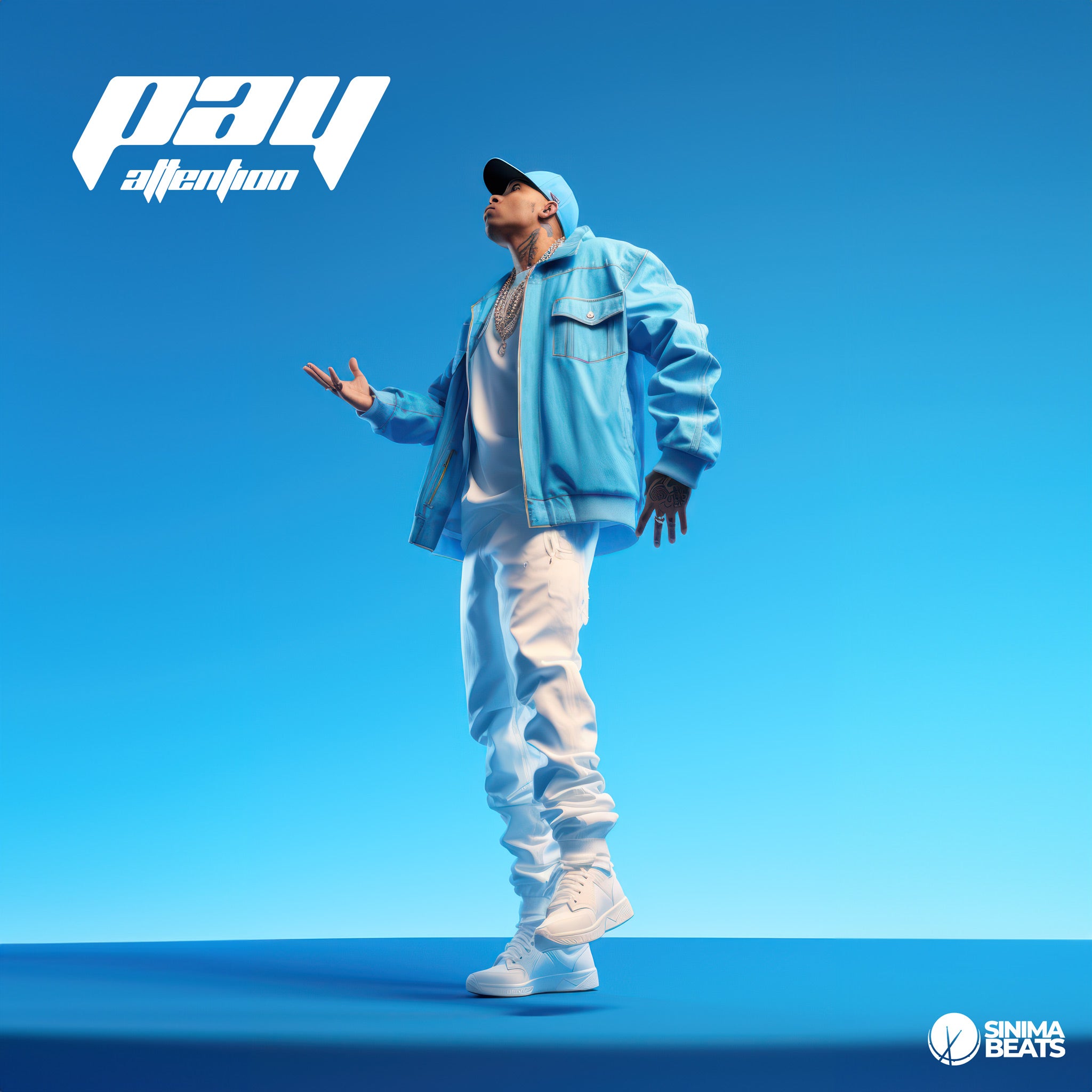 ‘Pay Attention’ cover art featuring a black rapper in a crisp new white outfit and blue jacket, captured in an action shot against a blue background. The image highlights the rapper’s dynamic presence and stylish attire.