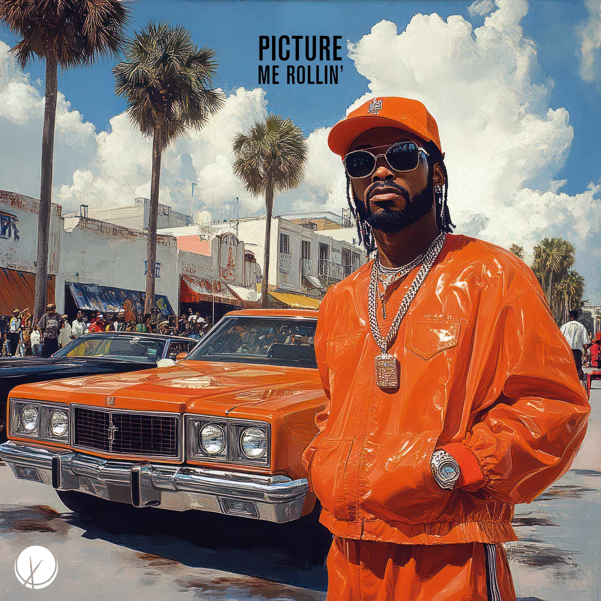 Illustration for "Picture Me Rollin'," cover art featuring a stylish rap artist wearing an orange outfit and sunglasses, standing on a street next to classic cars. The scene is bustling with crowds around, capturing a vibrant, energetic urban atmosphere.