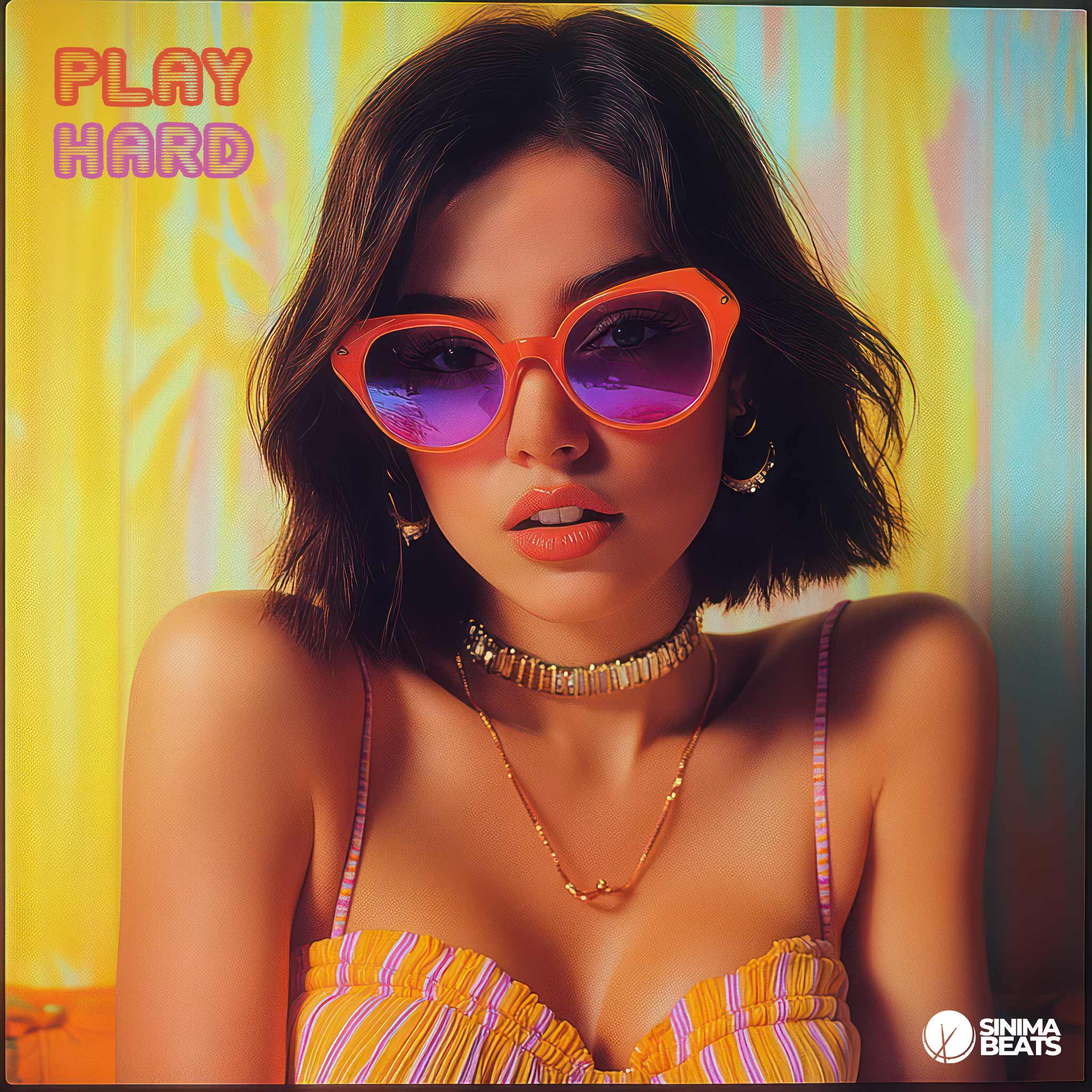 Play Hard disco-pop cover art featuring a beautiful brunette with shoulder-length hair, wearing orange sunglasses and golden jewelry. She is dressed in a multi-colored halter top, embodying a major label quality design