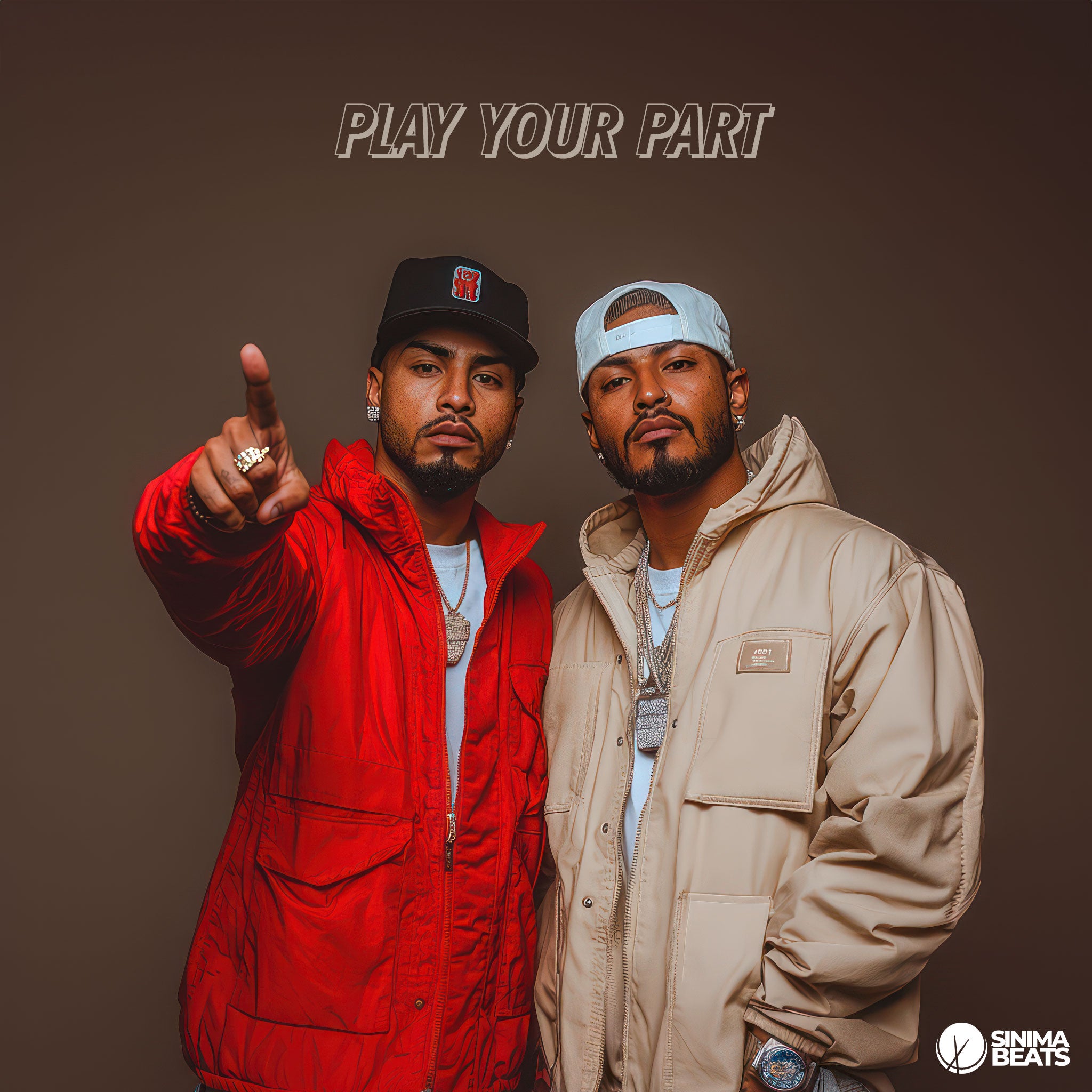 Two Hispanic male rappers standing next to each other in red and beige jackets, one pointing his finger in a demanding gesture. This dynamic scene captures the essence of ‘Play Your Part 2,’ showcasing their strong presence and interaction.