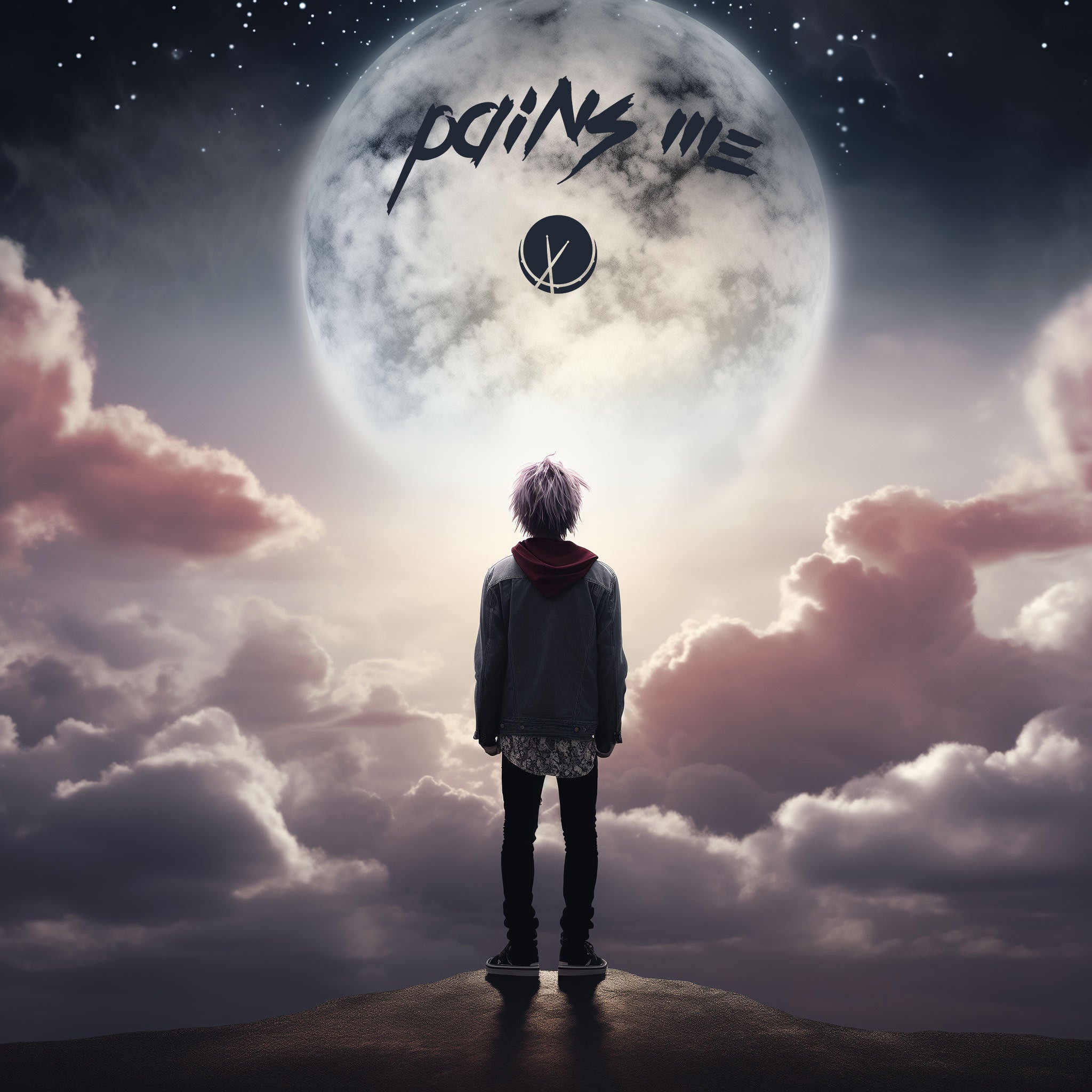 Pop rock cover art featuring a cloudy sky with a full moon. A young man in emo-style clothing with dyed pink hair is looking up to the sky, surrounded by pink clouds. Title: "Pains Me."