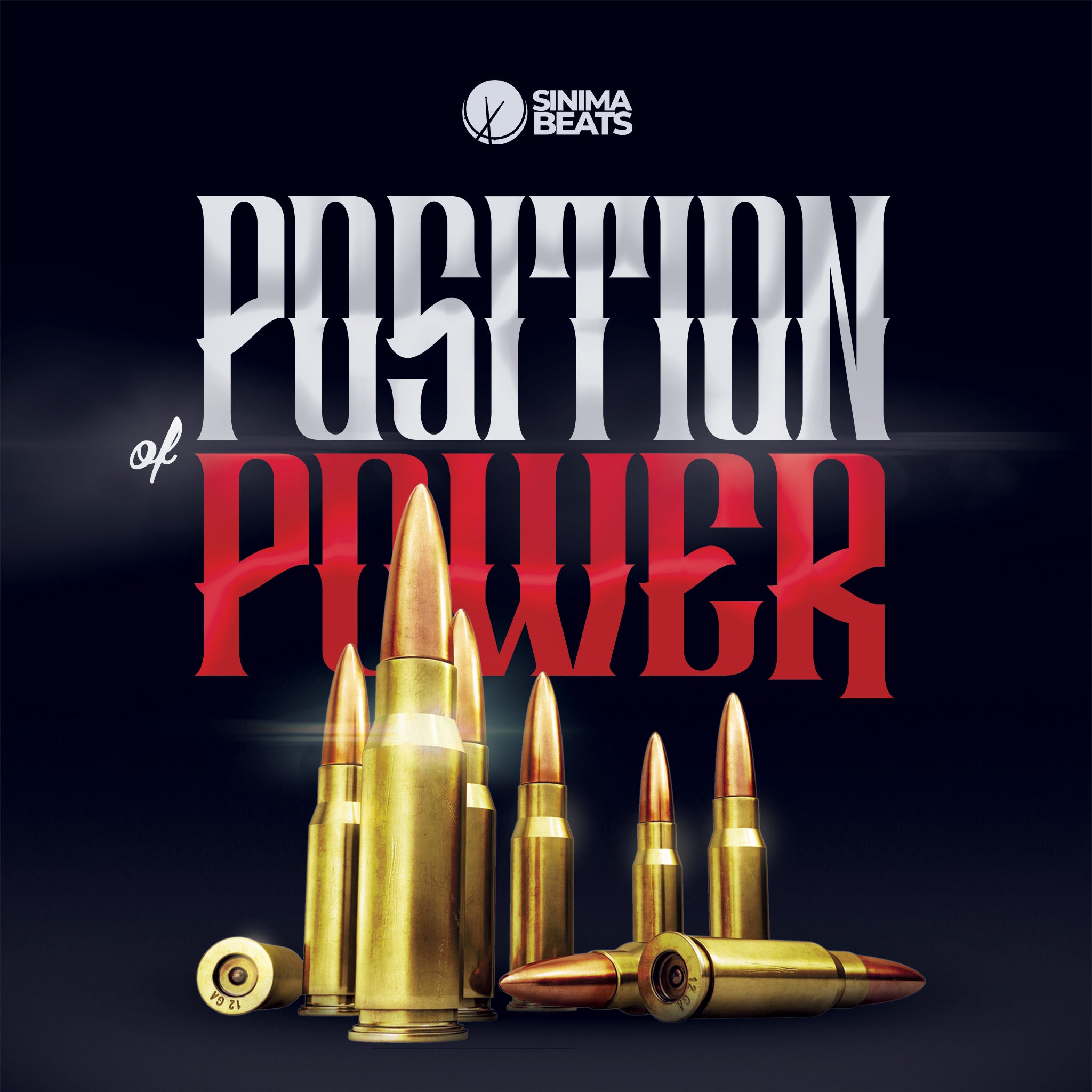 Close-up hip-hop cover art for 'Position of Power' featuring bullets standing upright with some fallen over against a dark blue background. The composition emphasizes the intensity and boldness of the theme.