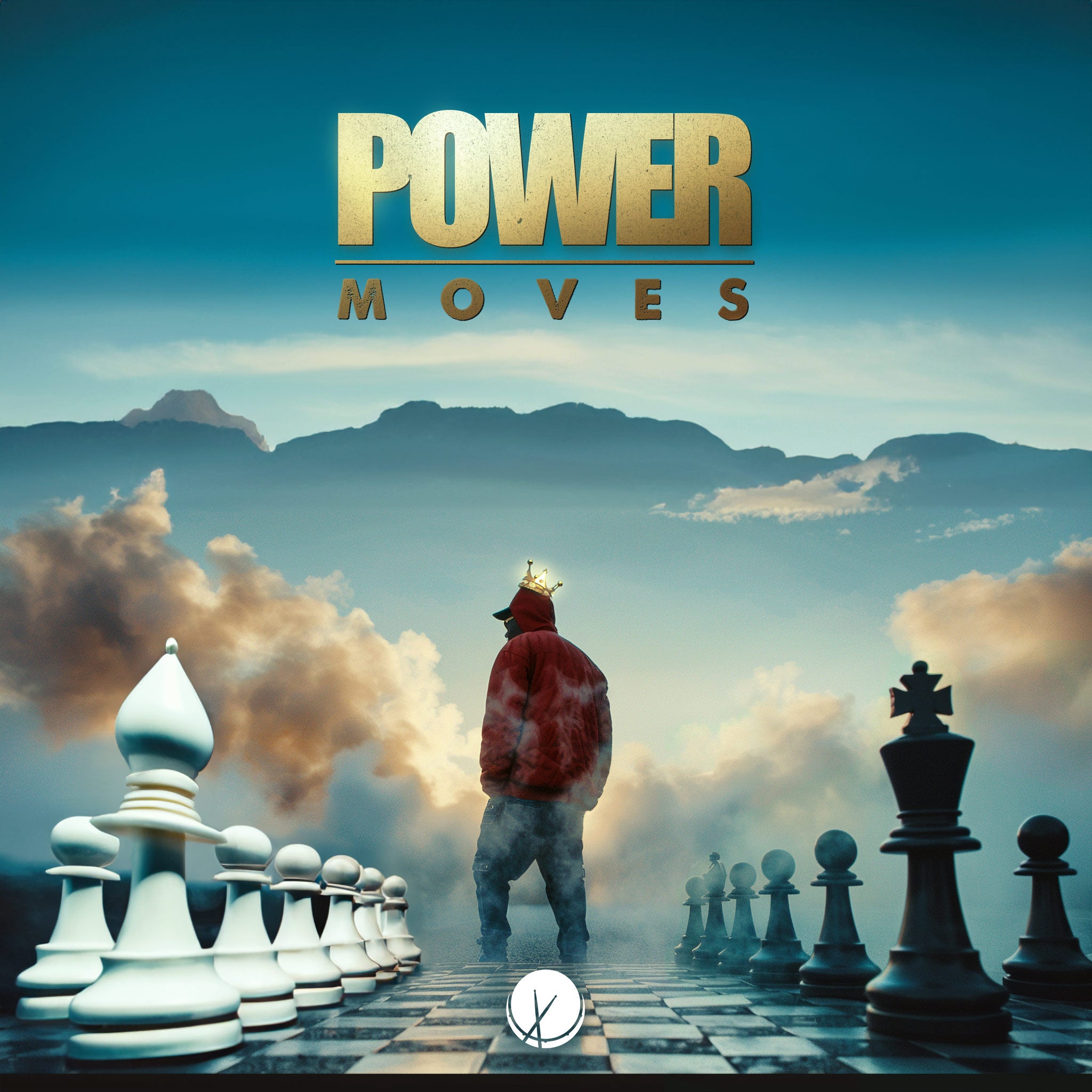 Rapper Wearing Golden Crown and Red Hooded Jacket, Standing on Life-Sized Chess Board with Pawns, a Bishop and Queen Pieces over Mountains and Blue Skies (2048px by 2048px, high resolution). Title: "Power Moves."