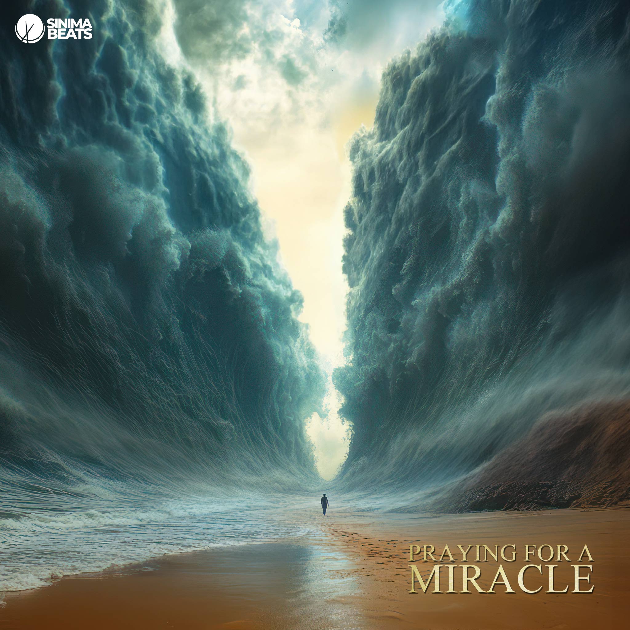 Cinematic scene reminiscent of the Exodus, featuring a man walking alone through high walls of water with footsteps in the sand. This dramatic depiction of ‘Praying for a Miracle’ evokes a powerful sense of solitude and divine intervention.