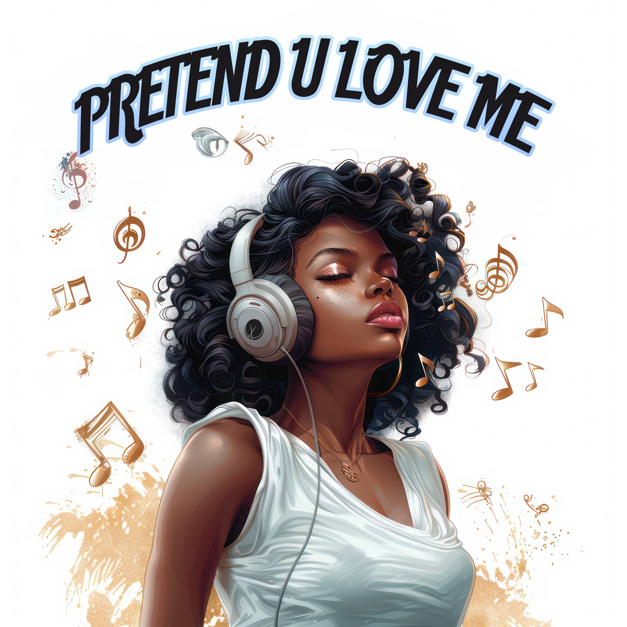 High-quality illustration of a beautiful black woman listening to music while wearing gray headphones and a white tank top. Musical notes are featured against a solid white background, capturing the essence of ‘Pretend U Love Me’ and highlighting the woman's enjoyment of the music.