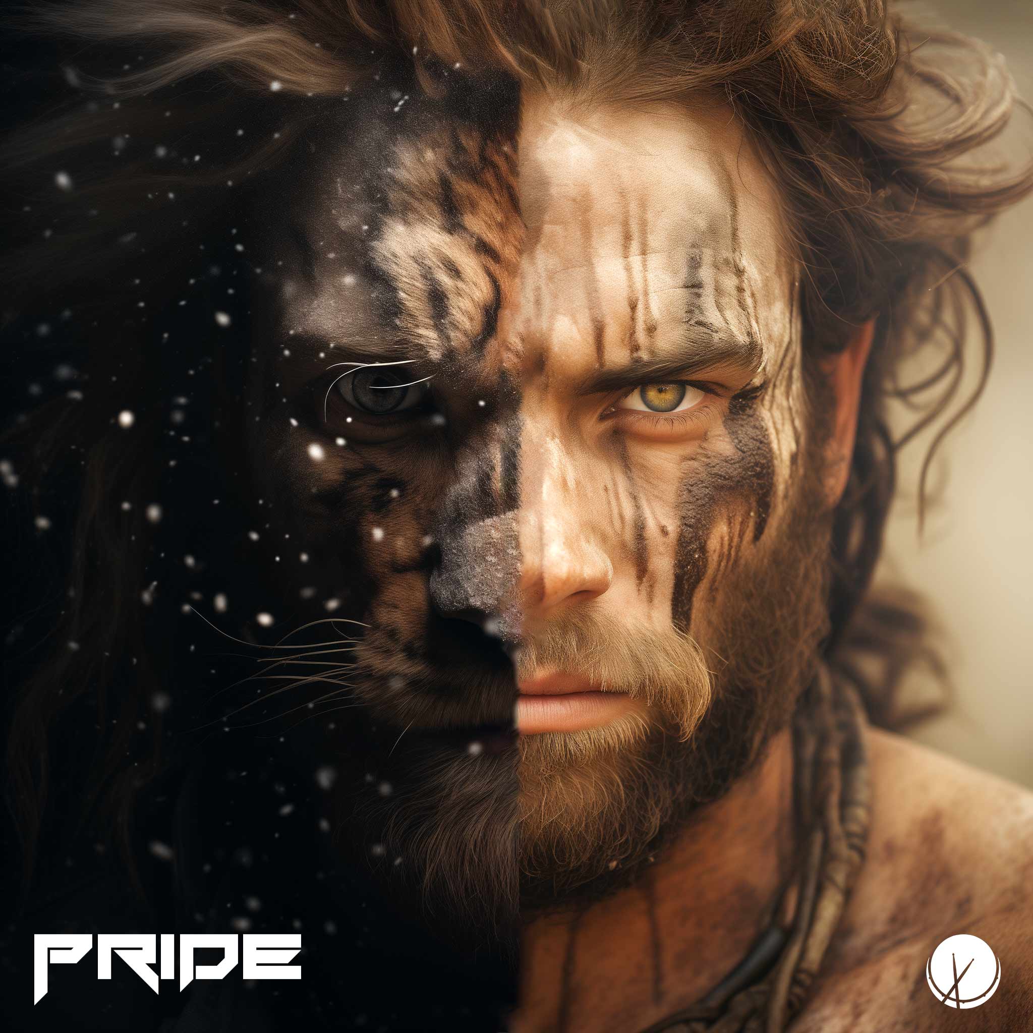 Pride: Half Man, Half Lion. Close-Up Shot of Face - Wild Man with Marked Face.