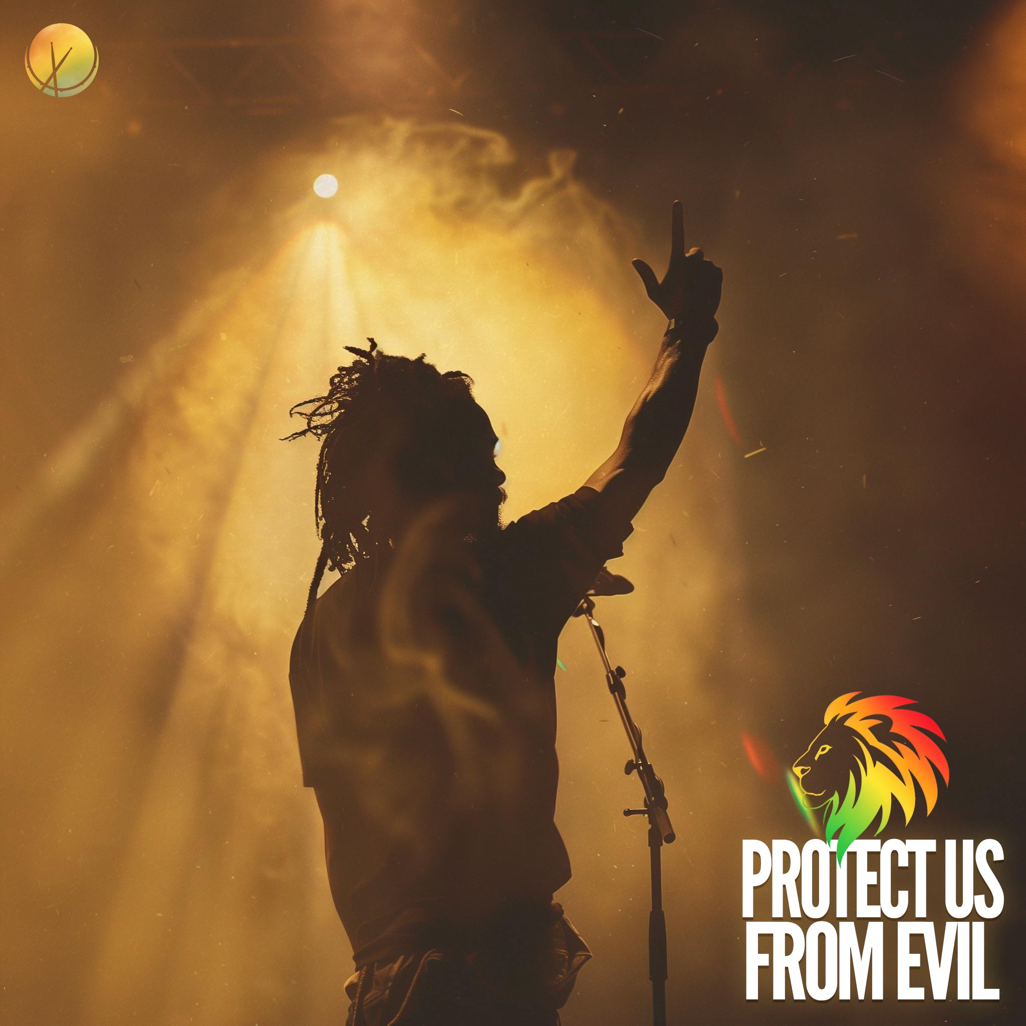 Rastafarian singing into a microphone with his hand held up high, under stage lighting with fog and dust particles. Title: "Protect Us from Evil."