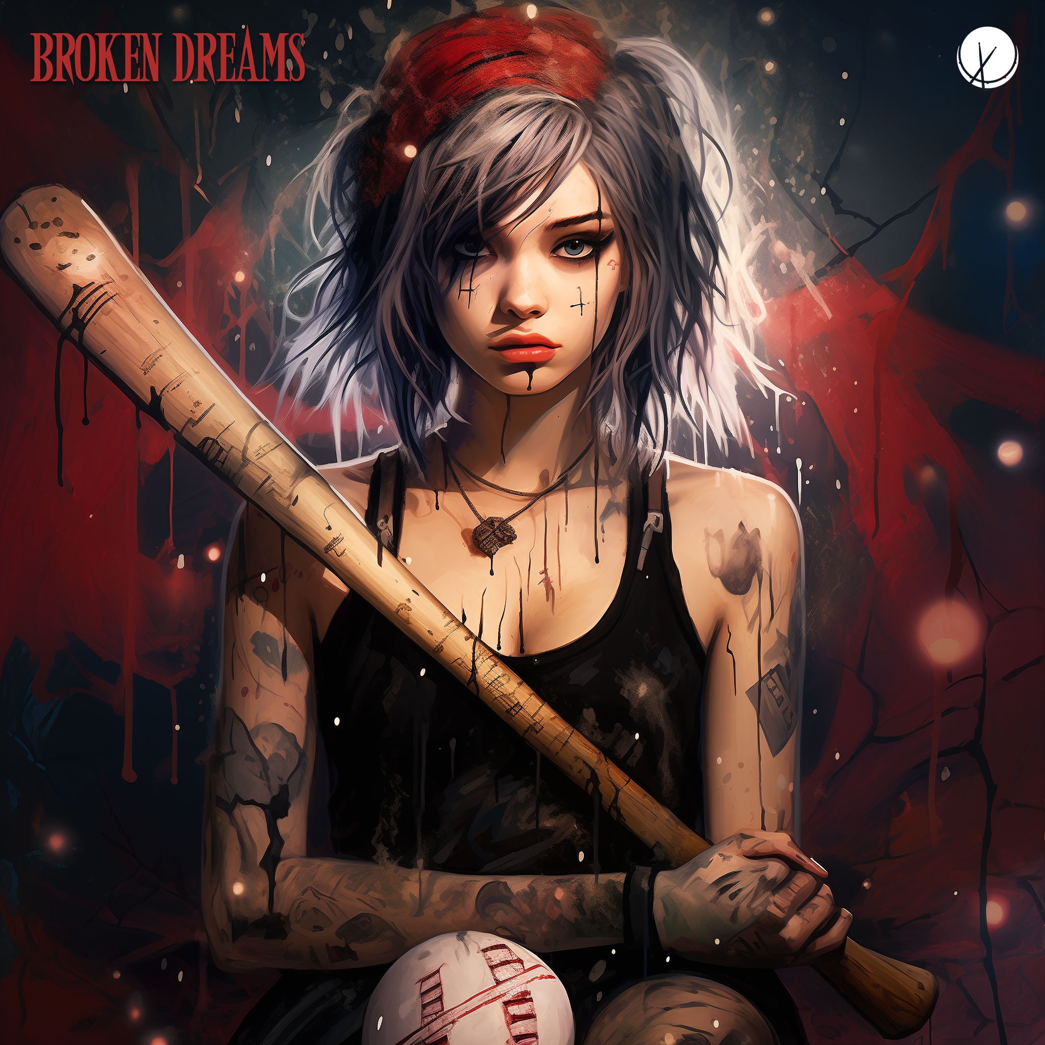 Pop rock cover art illustration titled "Broken Dreams" featuring a punk rock girl holding a baseball bat against a chaotic textured and pain-splattered background.