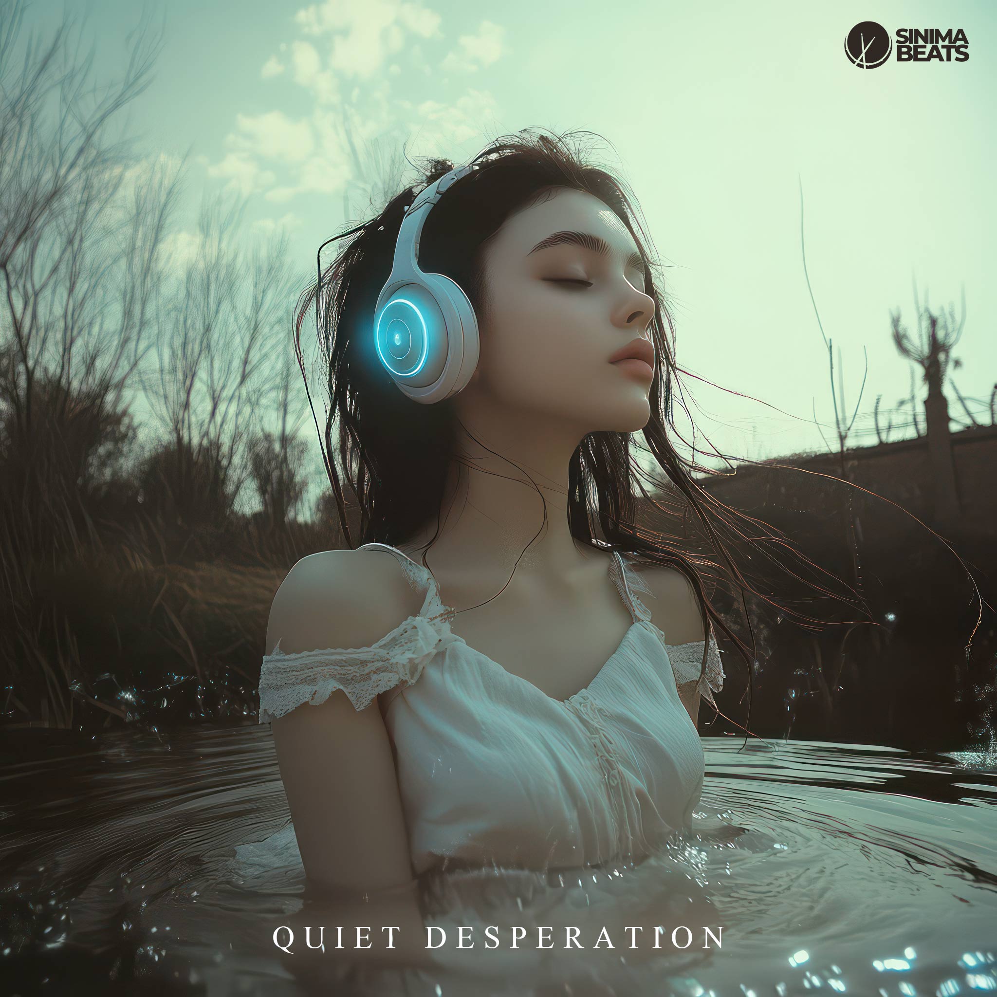 ‘Quiet Desperation’ features a beautiful pale-skinned brunette, approximately 20 years old, standing in water while wearing a white dress and glowing headphones. The serene scene is set against a backdrop of nature and a neutral blue sky, highlighting the contrast between her calm appearance and the sense of longing.