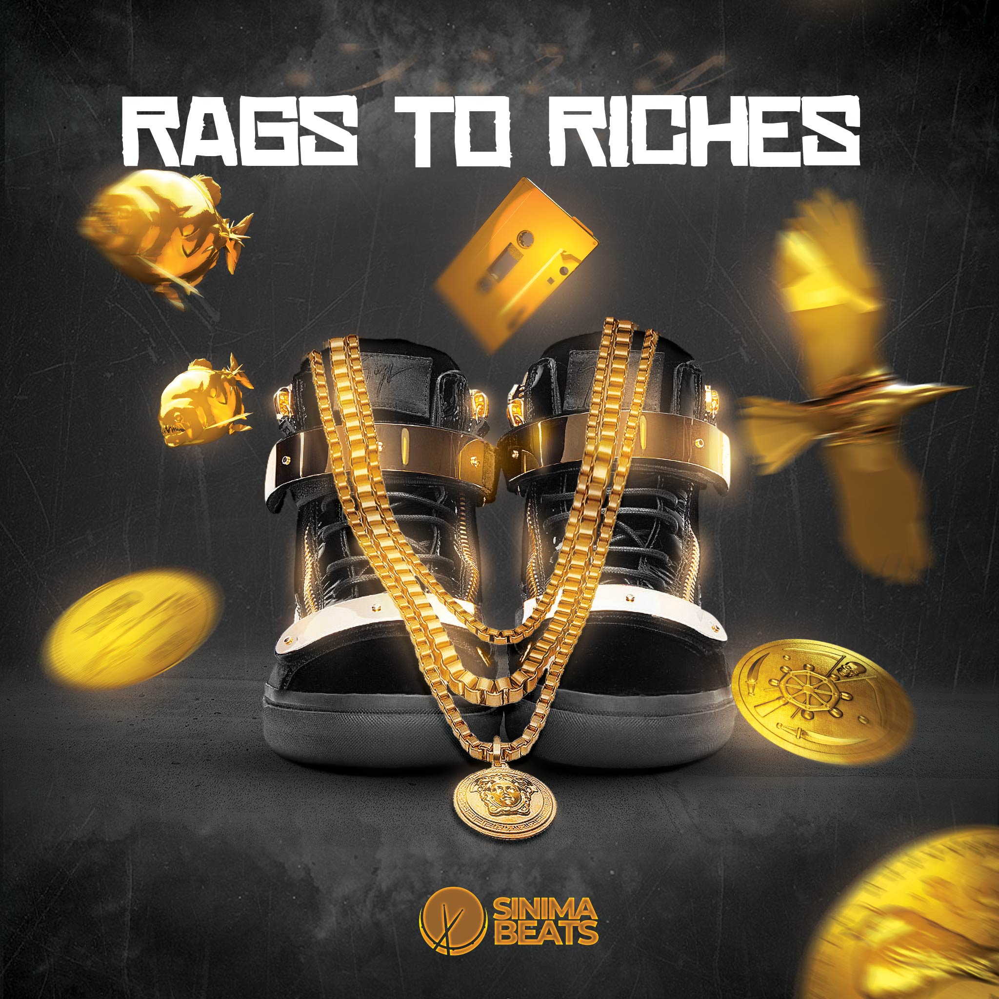 ‘Rags to Riches’ hip-hop cover art featuring a pair of luxury high-top sneakers in black and gold, adorned with gold chains, coins, and other ornaments. The design is set against a textured dark gray background, emphasizing the theme of wealth and luxury.