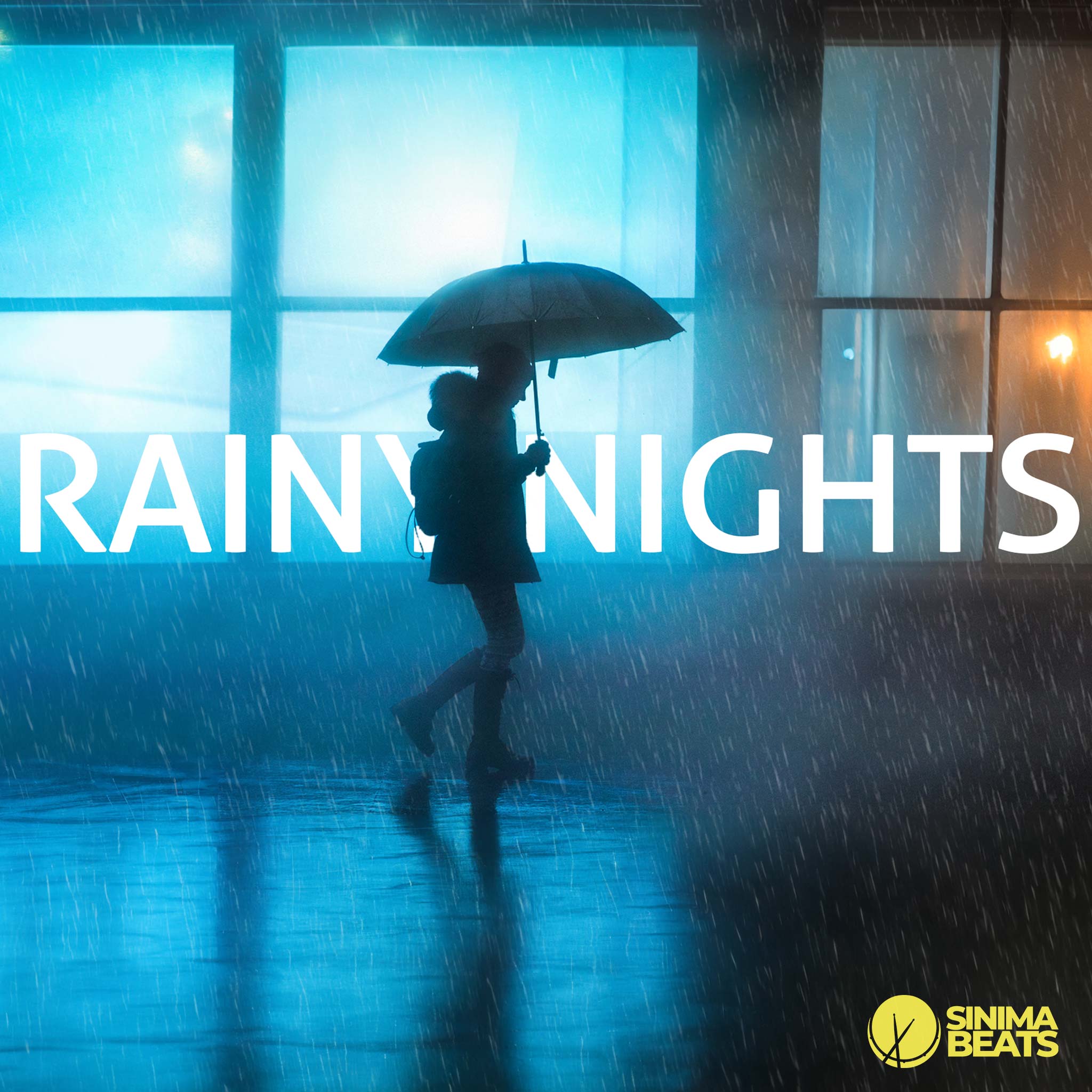 A girl walking at nighttime, holding up an opened umbrella under heavy rainfall. The scene is illuminated by blue lighting and framed by large windows, capturing the moody atmosphere of ‘Rainy Nights.’