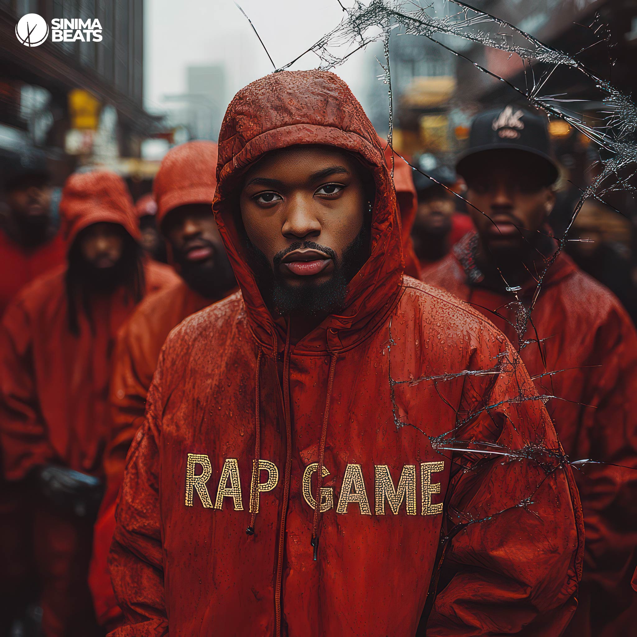 A hip-hop group wearing red hoodies with serious expressions, featured with a cracked screen overlay effect. This powerful imagery, titled ‘Rap Game,’ highlights the dangers of the music industry and portrays a gritty, intense atmosphere.