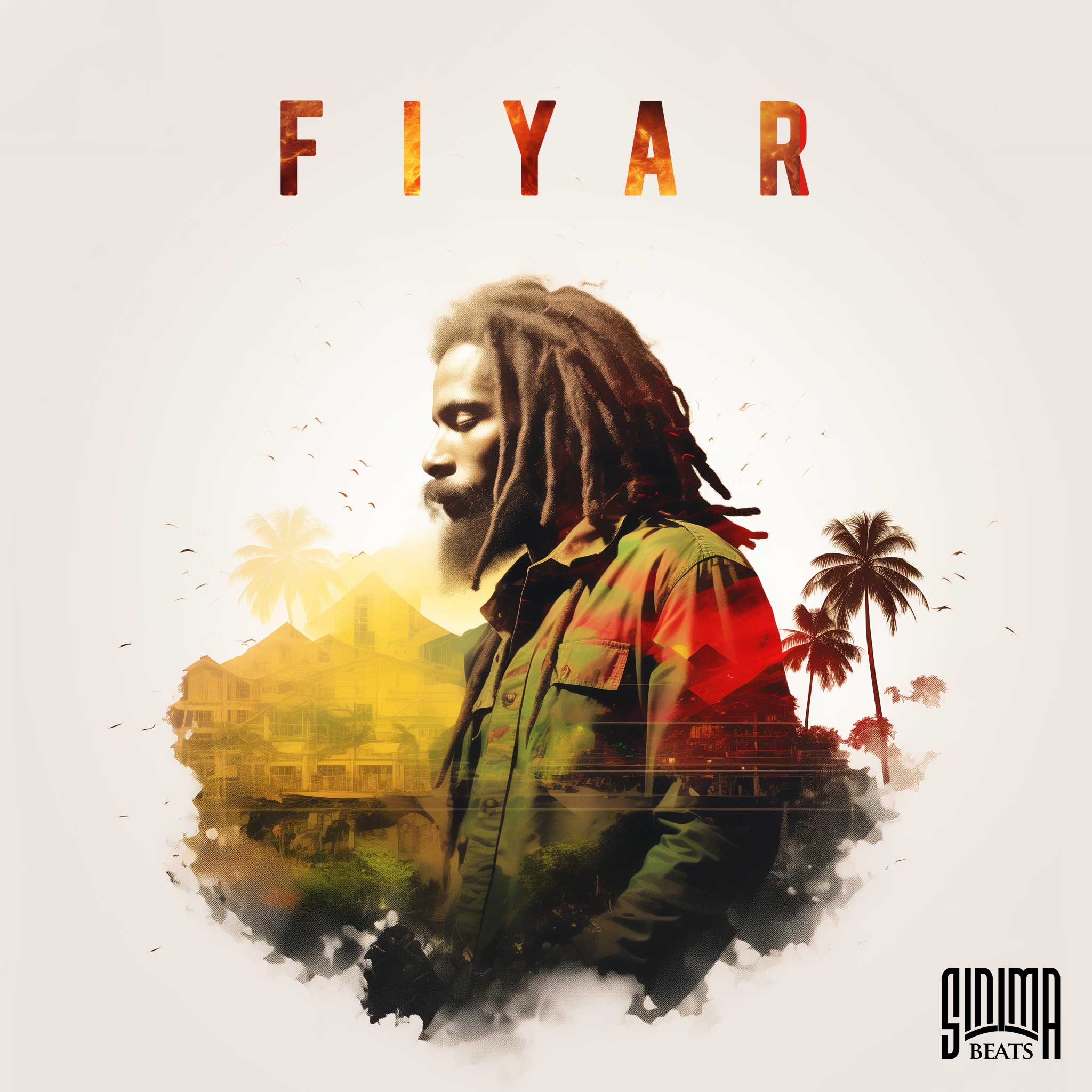 Rastafarian Man and Island, Double Exposure, Cream Colored Background. Reggae Music Cover Art. Title: "Fiyar."