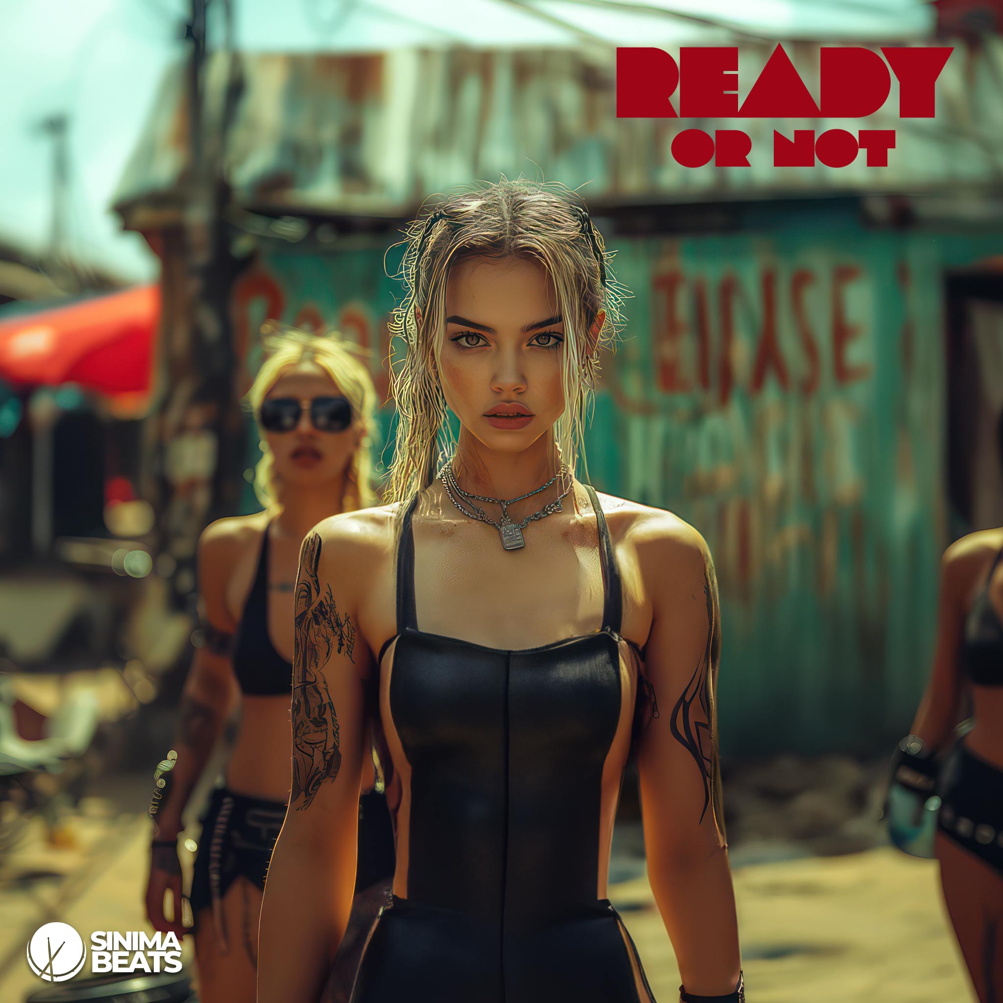 ‘Ready or Not’ reggaeton cover art design featuring fit Latina women, standing outside in the daytime, exuding a sense of readiness and confrontation. The powerful visual captures the bold and confident vibe of the music.