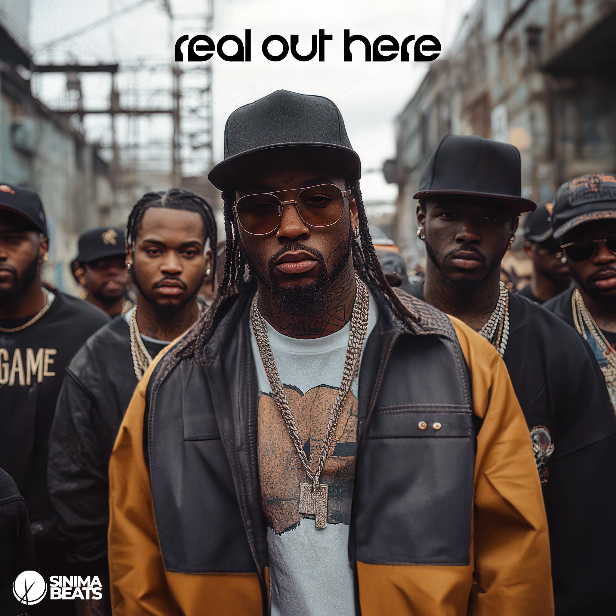 ‘Real Out Here’ hip-hop cover art showcasing gangsta rappers walking through an urban environment. The scene highlights their gritty style and the raw energy of street life, capturing the essence of authenticity and toughness.