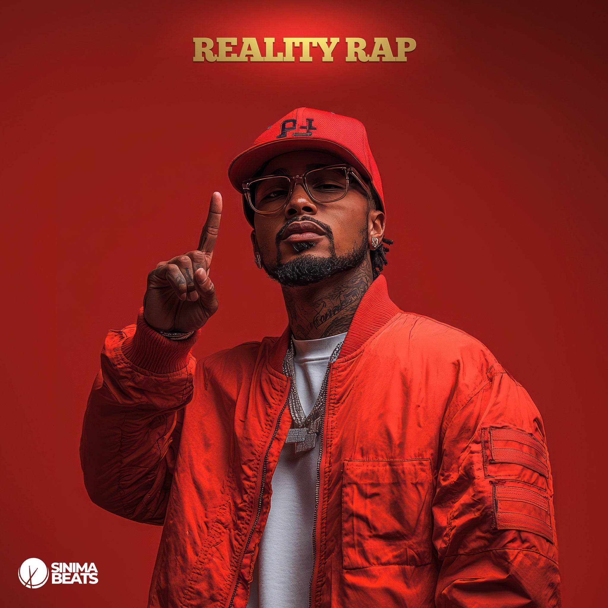 ‘Reality Rap’ features a rapper wearing an orange varsity jacket, accessorized with silver jewelry chains and transparent glasses. A baseball cap adds to the rapper’s street style, all set against a solid orange background, emphasizing the bold and vibrant theme.