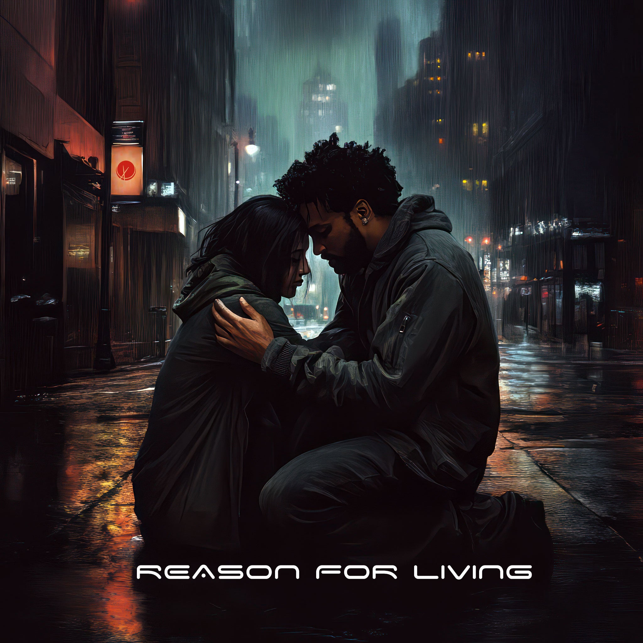 ‘Reason for Living’ depicts a man comforting a woman on a city street, as she struggles with finding a purpose. The scene captures the emotional support and connection between them amidst an urban backdrop, highlighting a moment of empathy and reassurance.