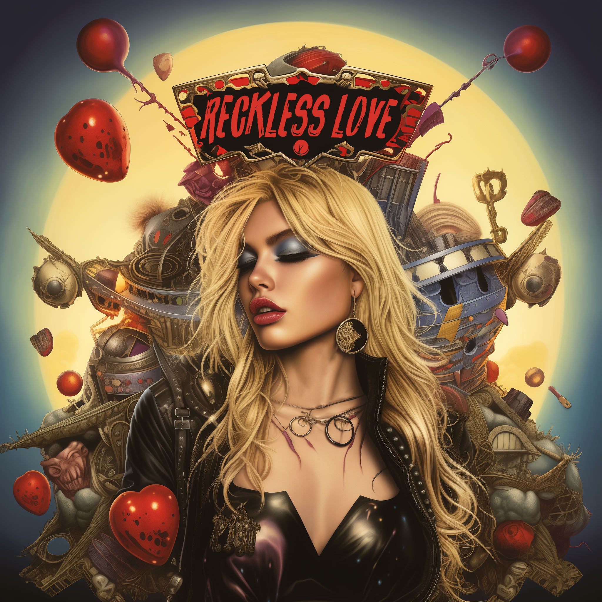 Reckless Love: Blonde Woman in Stylish Punk Rock Leather, Illustration, Full Makeup, Beauty, Chaotic Background of Red Glossy Hearts - Pop Cover Art.