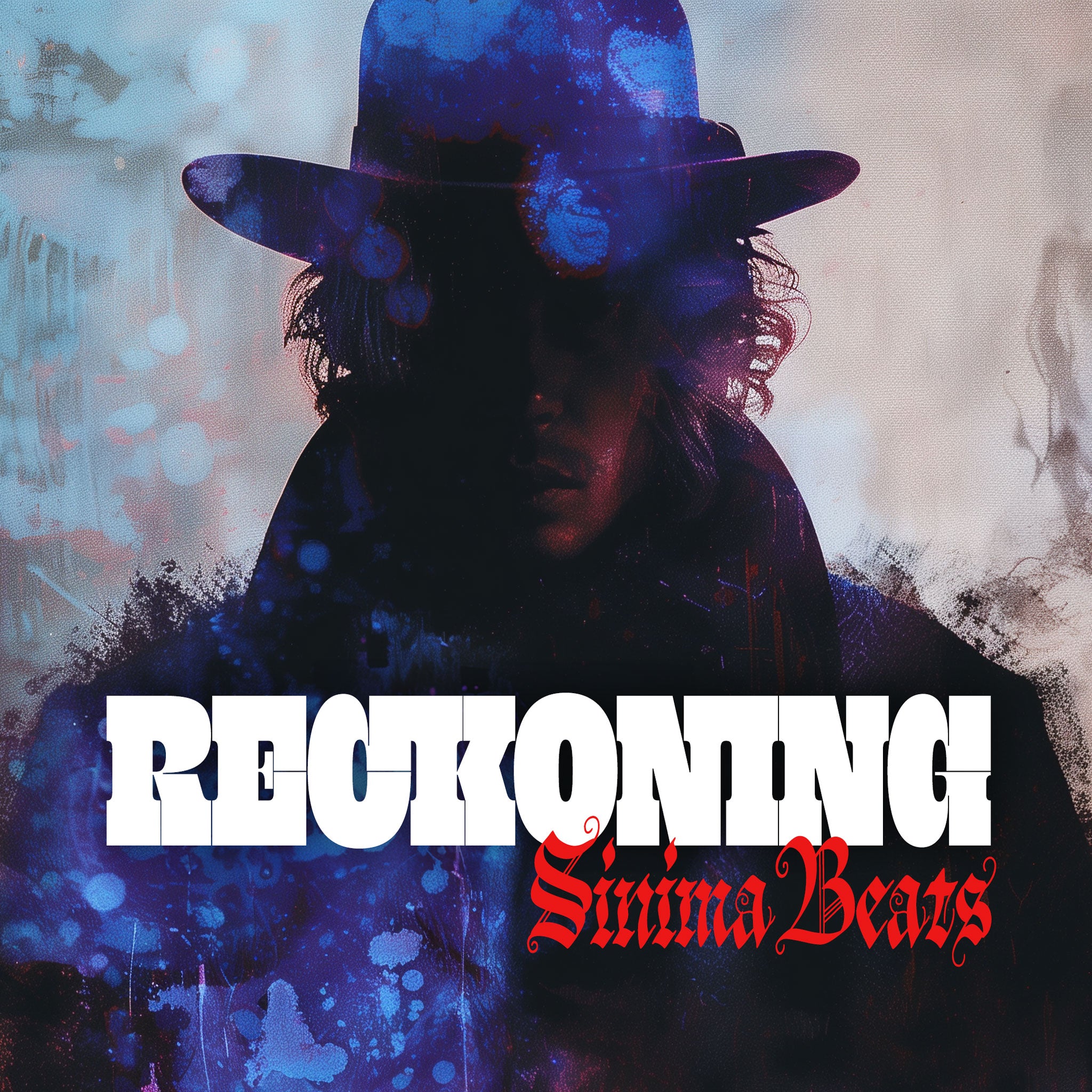 Cinematic Movie Post Style Cover Art of a Country Cowboy with Medium Length Hair, Wearing Western Style Black Top Hat and Overcoat, Having a Serious Pose with Textured Design Elements Such as Paint Splatter (hi res 2048px by 2048px). Title: 'Reckoning.'