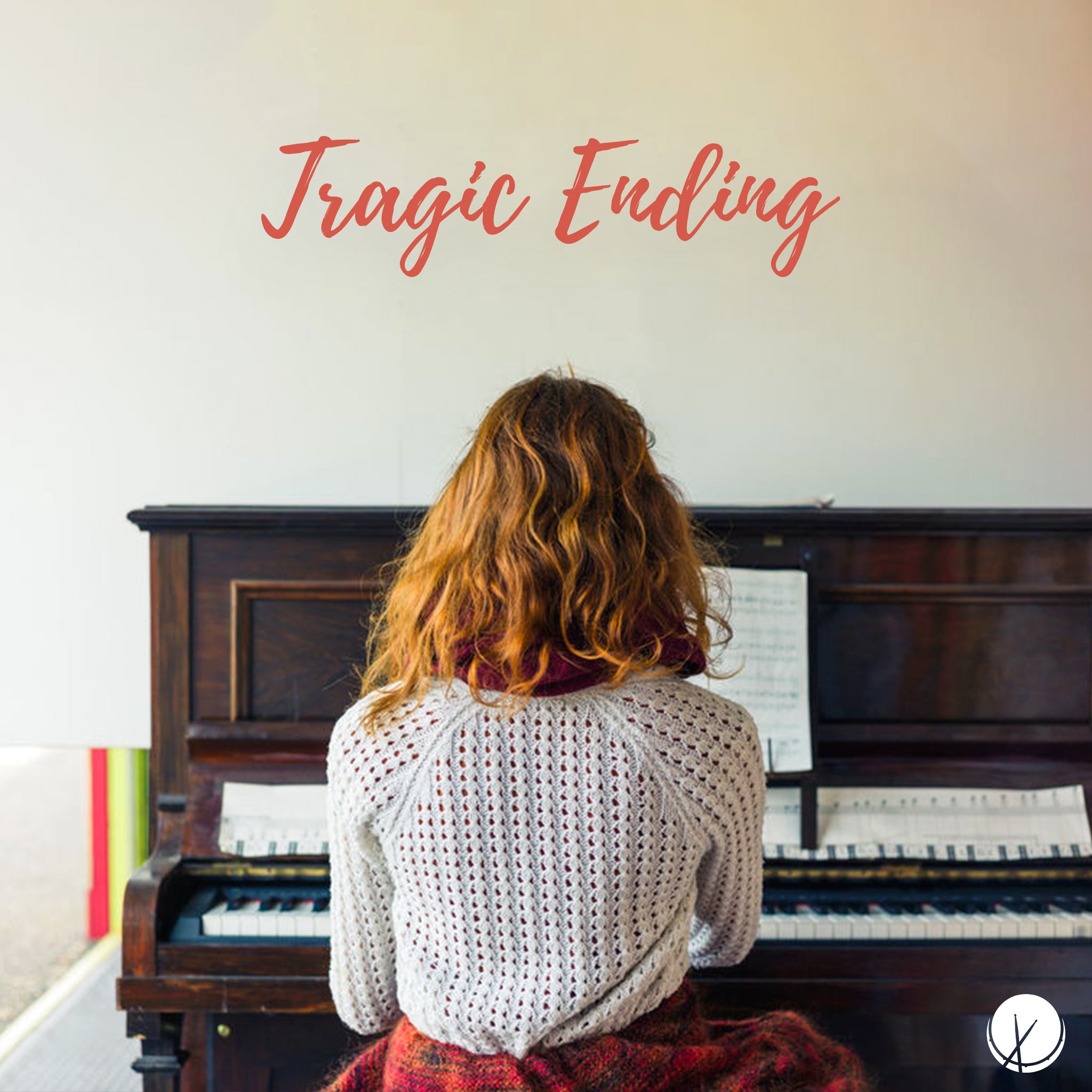 Image of a red-headed girl in a dress playing a wooden upright piano. Title: "Tragic Ending."