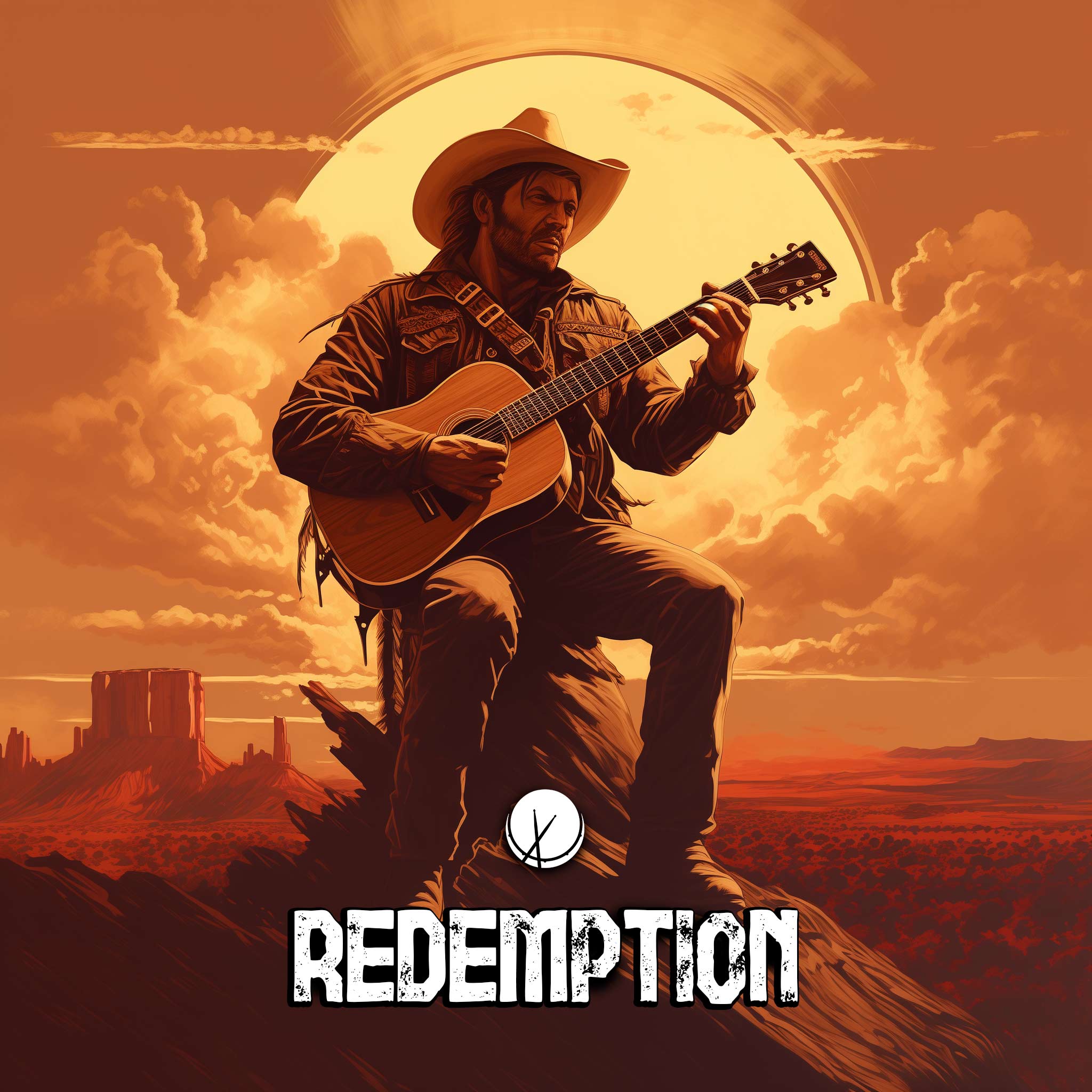 Old Western film-inspired cover art titled "Redemption" with an orange hue. The sun is shining over the desert as a cowboy stands, holding an acoustic guitar, creating a cinematic and evocative scene.