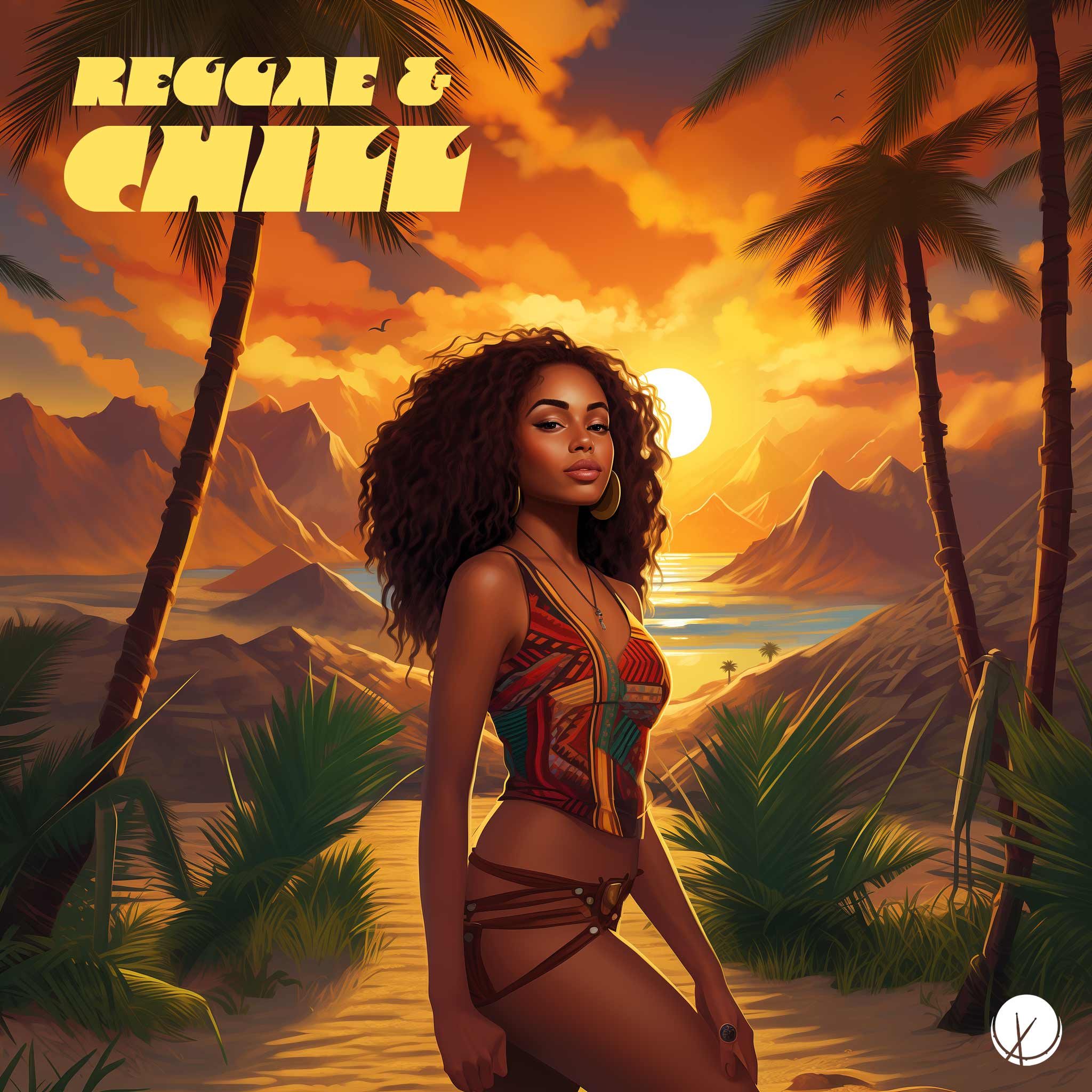 Relaxing scene titled "Reggae and Chill" featuring a beautiful black Jamaican young woman in her 20s standing on a sandy beach in a bikini on an island shoreline. Palm trees, the sun, the sea, and mountains are in the background, creating a serene and tropical atmosphere.