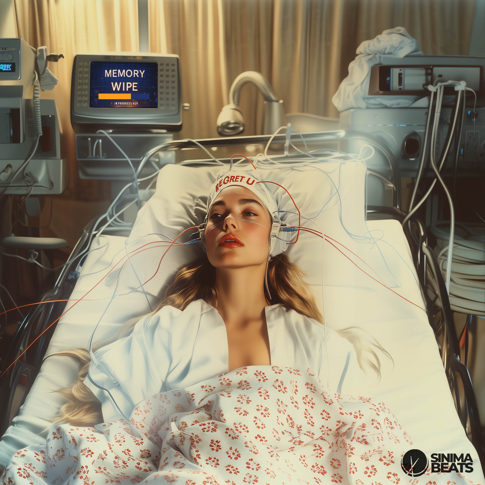 A beautiful blonde woman is lying in a hospital bed, wearing a white gown and covered with a blanket. Attachments are connected to her head, leading to a memory wipe machine beside her. The scene powerfully depicts the desire to forget someone after a failed relationship, capturing the emotional turmoil and longing for a fresh start. The setting highlights her vulnerability, conveying a sense of sadness and a deep wish to erase painful memories associated with regret.