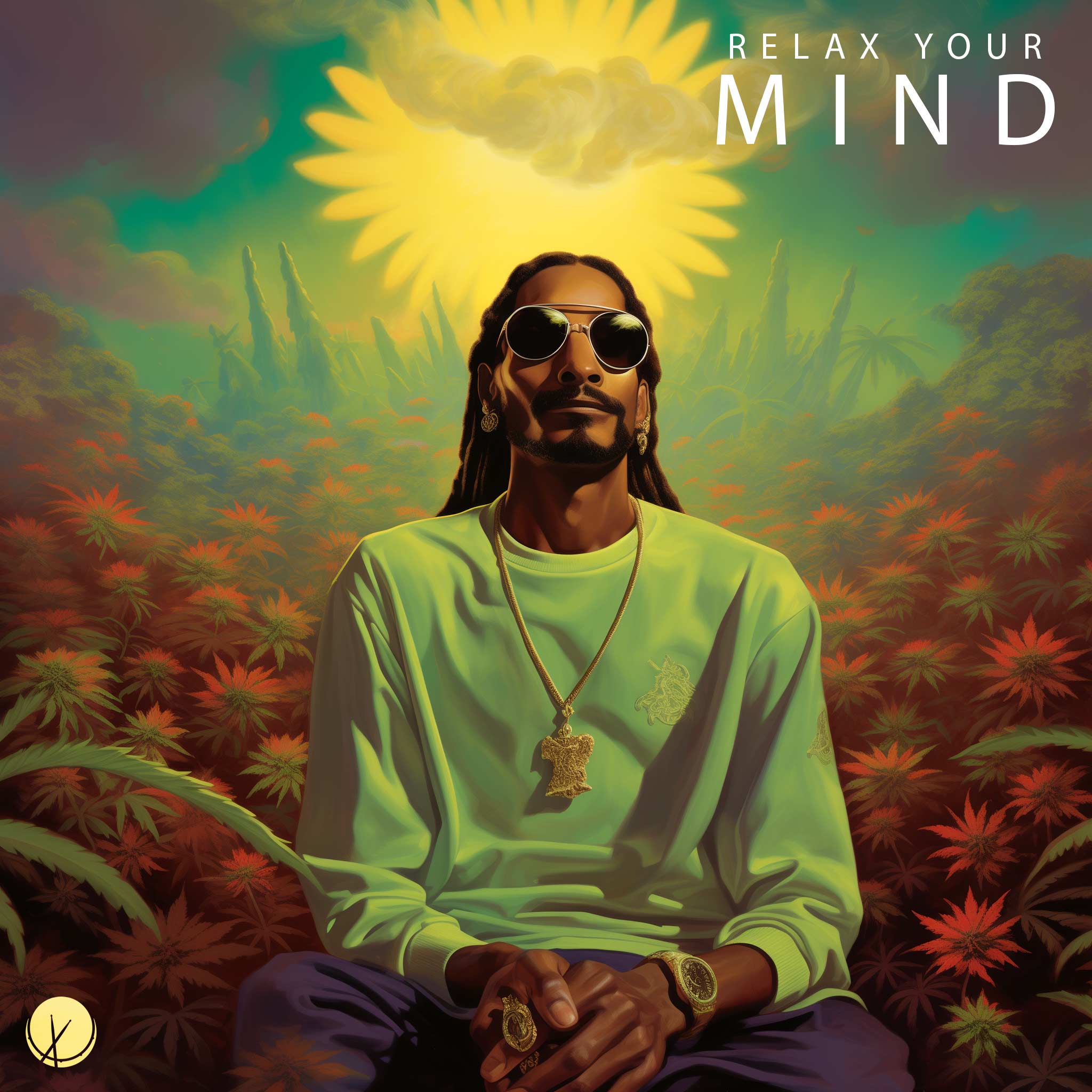 Relax Your Mind: Rastafarian with long dreadlocks, wearing a bright green sweatshirt, gold chain, earrings, and watch. Sitting in a field of marijuana, green and red. The sun appears like a dandelion in the sky - Illustration.