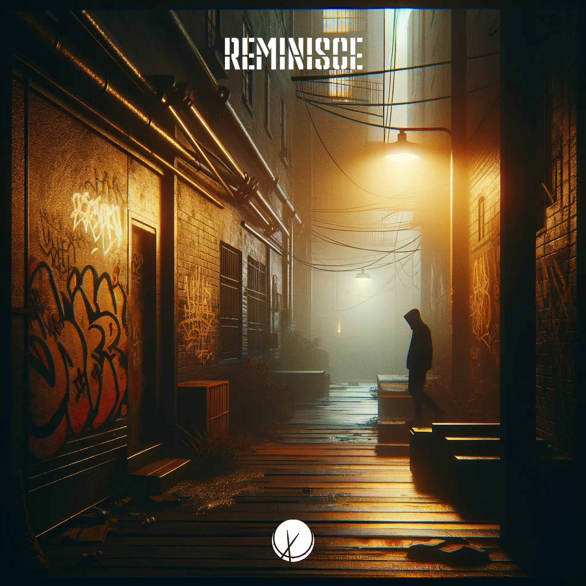 Illustration of a hooded man walking alone through an urban alley at night, creating an ominous atmosphere for 'Reminisce.'