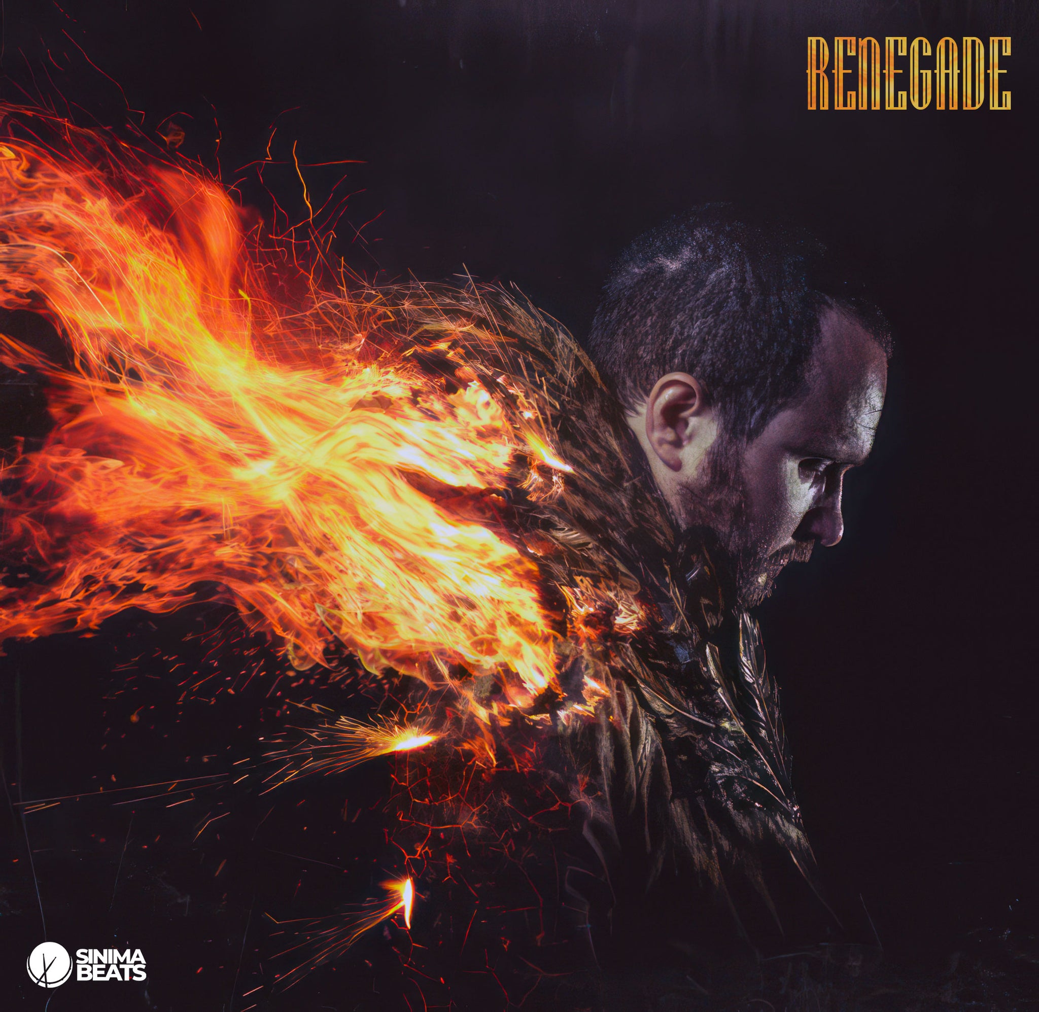 ‘Renegade’ showcases a man with short hair, with flames bursting from his back. The dynamic image captures a sense of energy and rebellion, highlighting the dramatic and powerful visual impact of the flames.