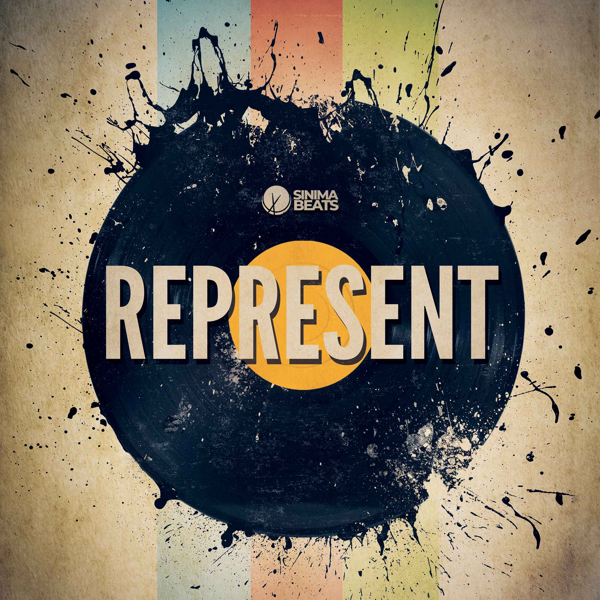 ‘Represent’ hip-hop cover art featuring a vinyl record with black paint splatter on the rim, set against a paper texture background. The design combines classic and gritty elements, reflecting the raw energy of the genre.