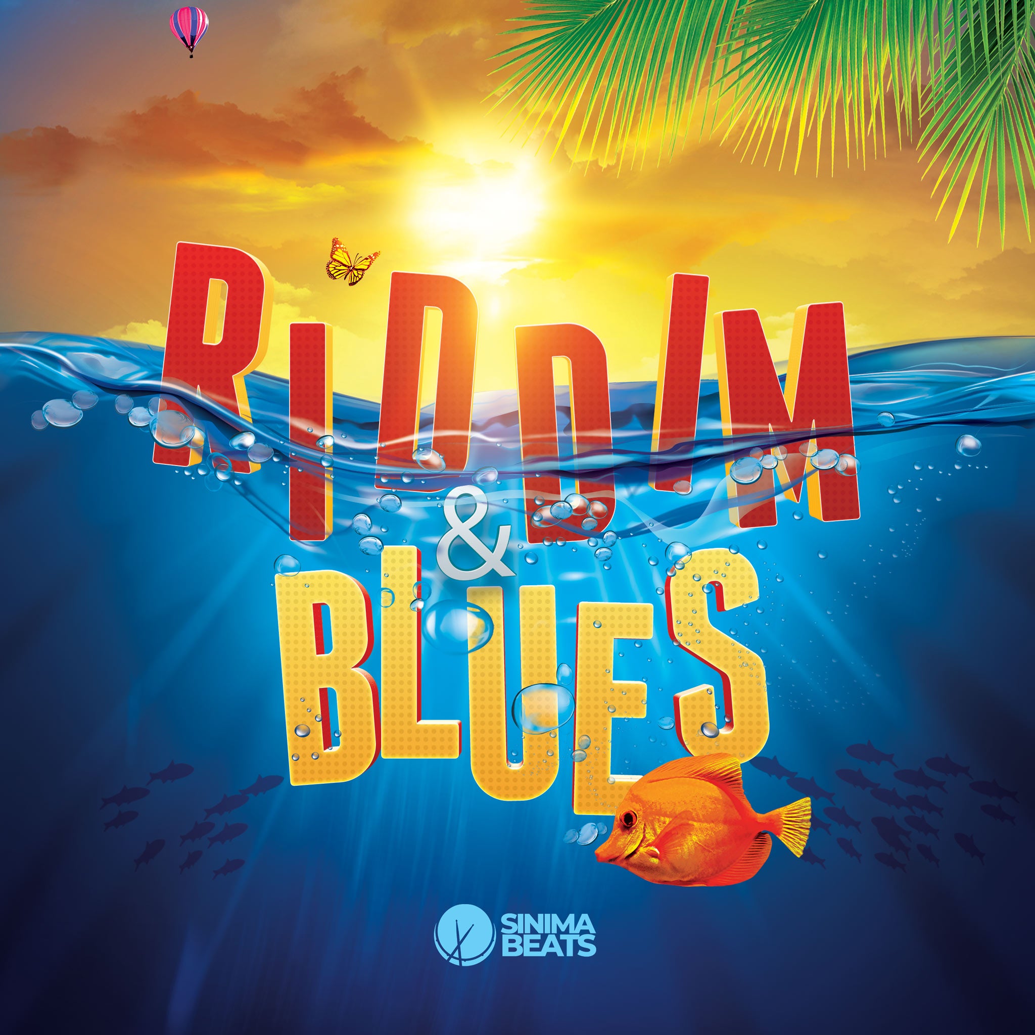 ‘Riddim and Blues’ high-quality illustration featuring a sunny ocean scene with the title text floating on the water. The reggae cover art design includes a palm tree, a butterfly, a hot air balloon, and fish, creating a vibrant and tropical atmosphere.