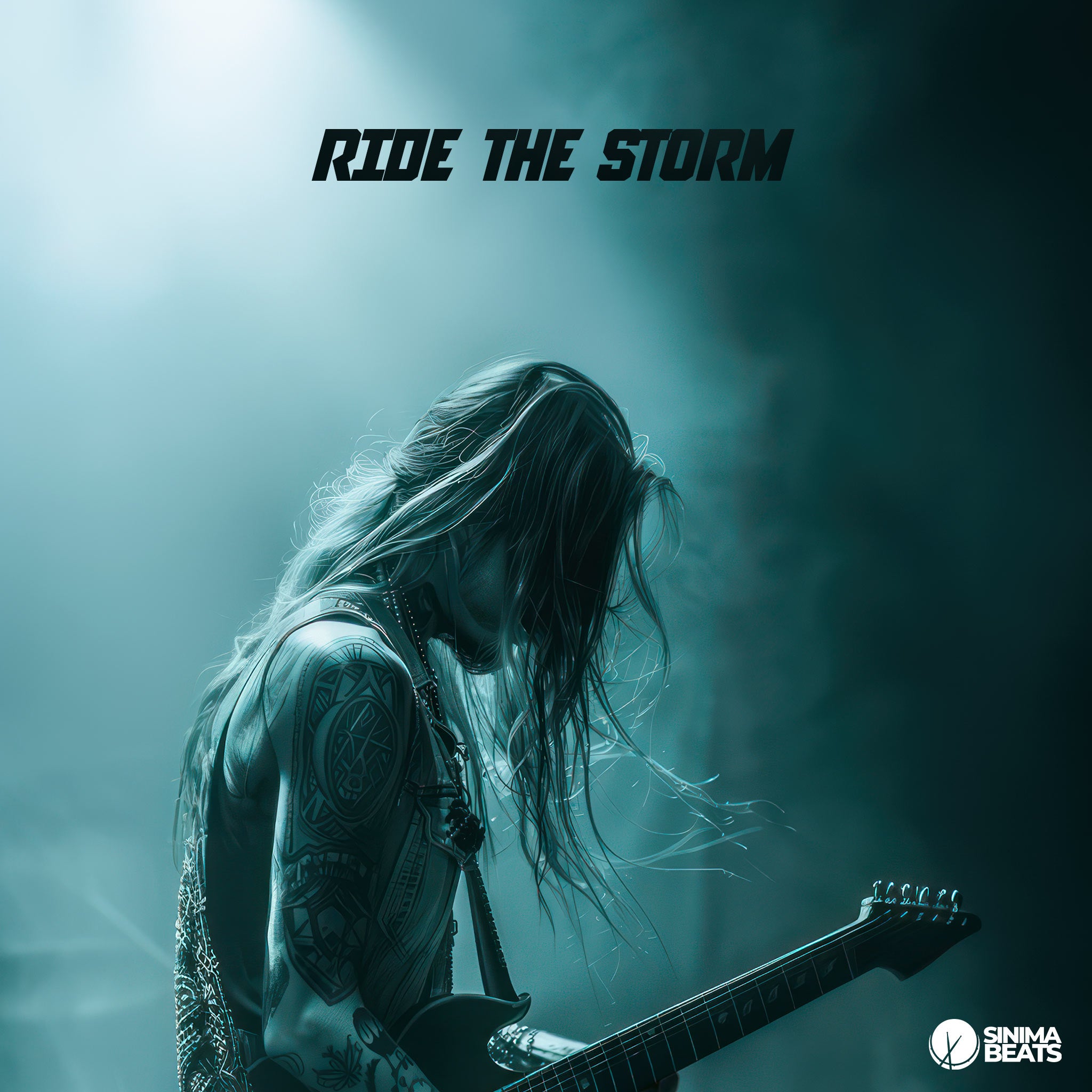 ‘Ride the Storm’ features a long-haired rocker playing an electric guitar amidst fog and stage lighting with a green hue. The dramatic scene captures the intensity and energy of a live performance, emphasizing the rocker's dynamic presence.