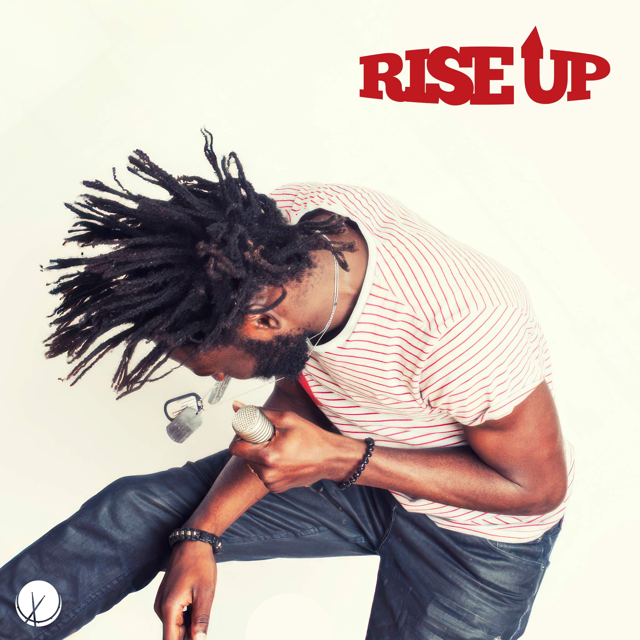 Reggae cover art featuring a Rastafarian in a red-striped t-shirt and blue jeans, holding a microphone against a cream-colored background.