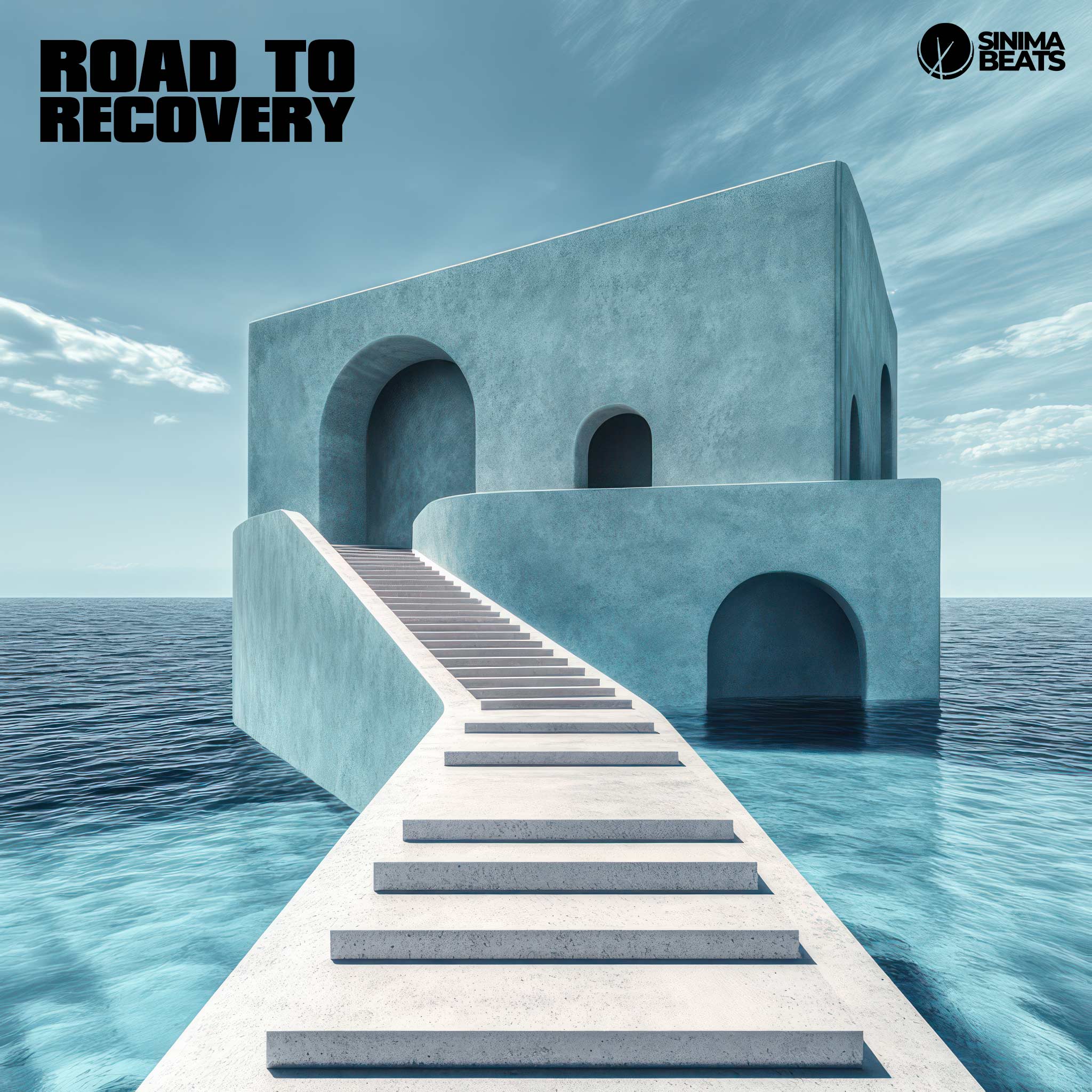 ‘Road to Recovery’ illustrates a series of steps leading up to a stone building, beautifully situated by crystal-clear seas. The serene scene symbolizes healing and progress, evoking a sense of tranquility and renewal.