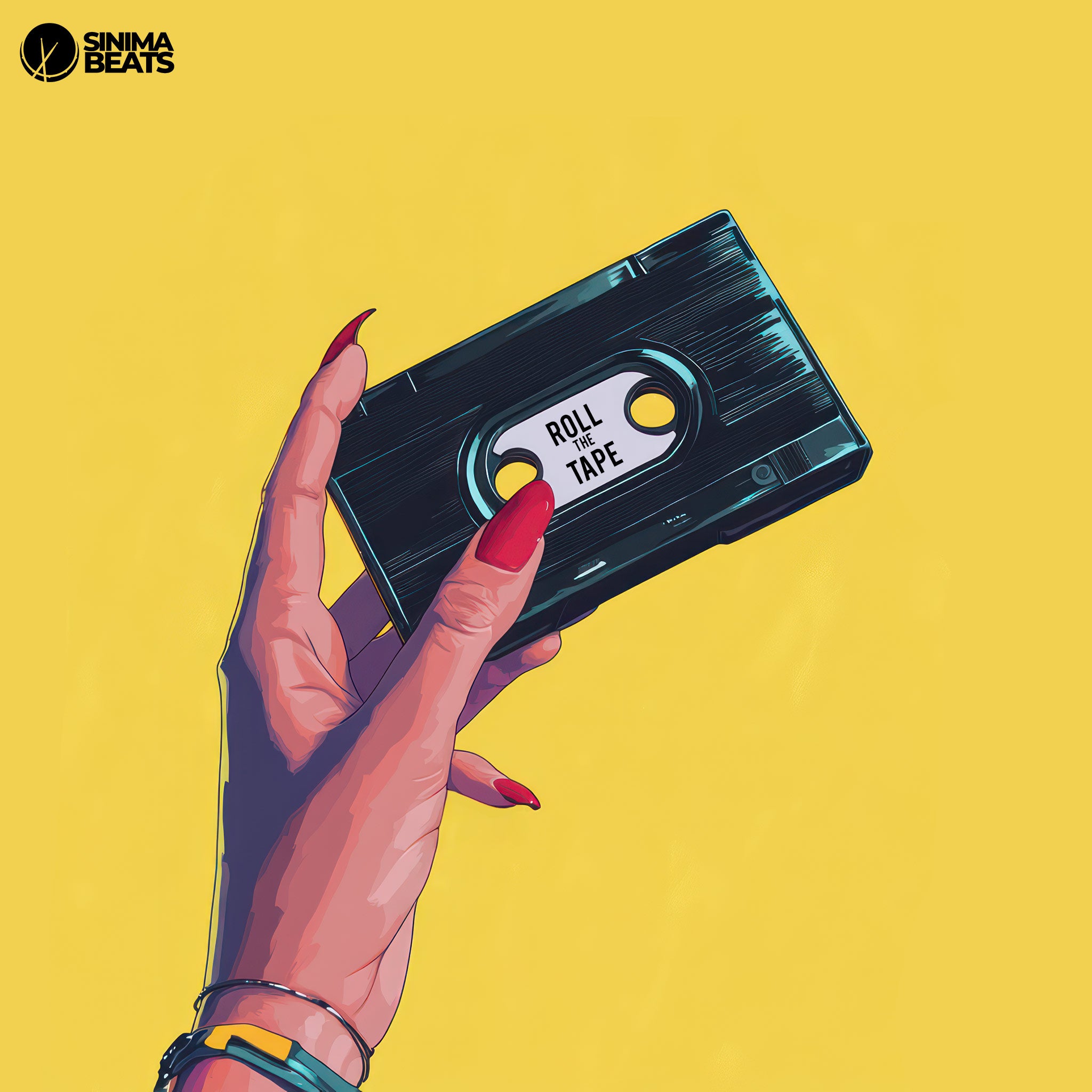 ‘Roll the Tape’ showcases a high-quality illustration of a female hand with dark pink nail polish gripping a black cassette tape against a vibrant yellow background. The image evokes a nostalgic feel, highlighting the retro theme with bold, contrasting colors.