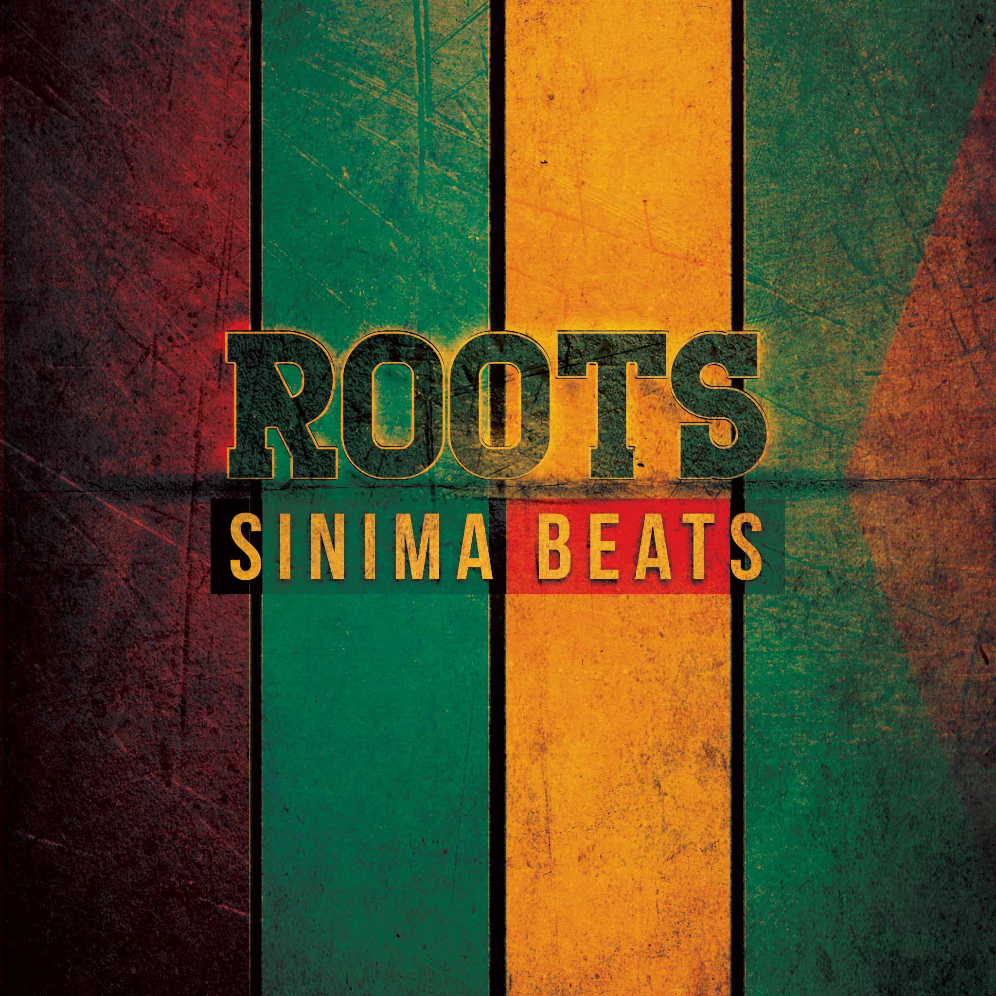 Dub reggae cover art titled "Roots" featuring green, yellow, black, and red colors over a textured background with distinctive lines and title text, creating a vibrant and textured composition.