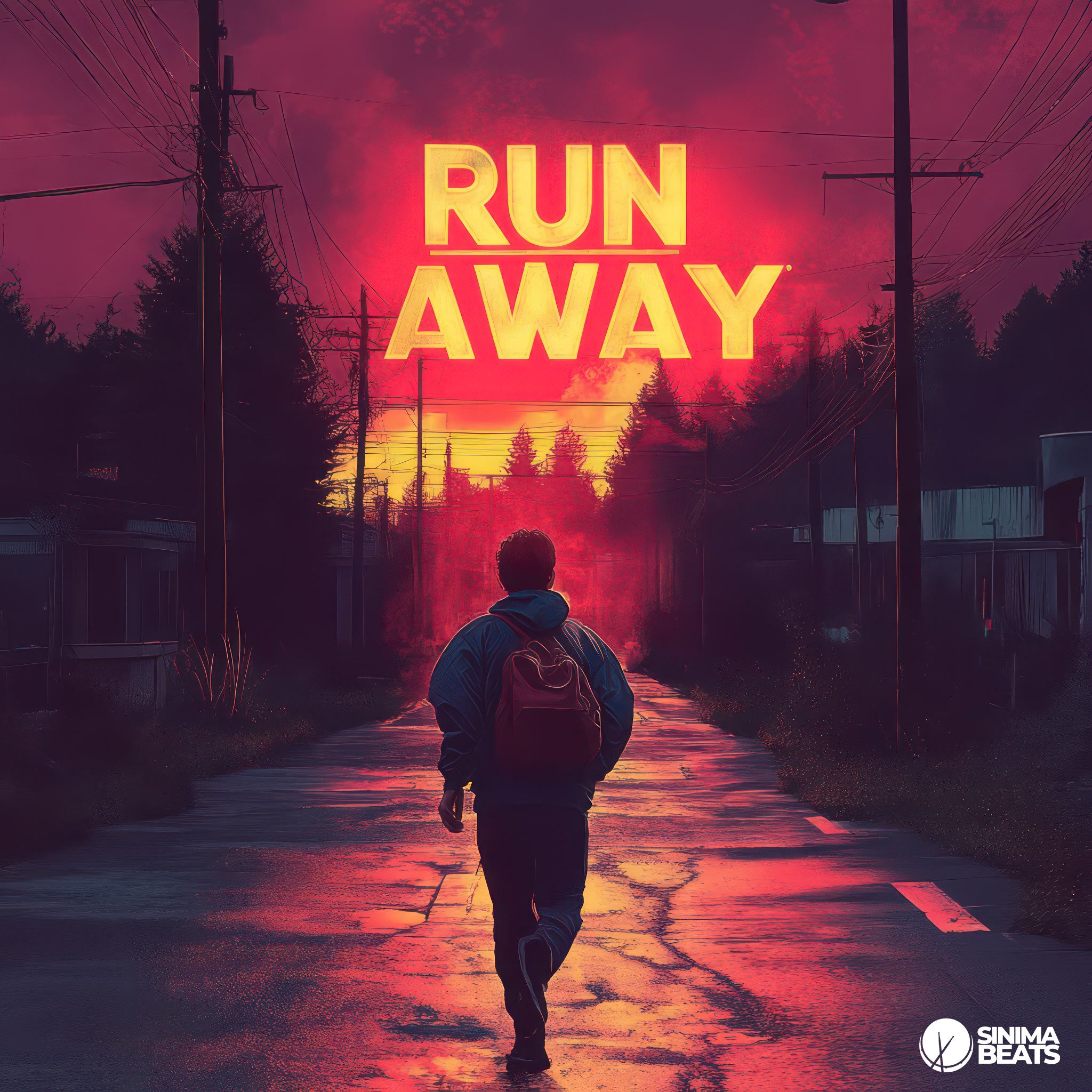 ‘Run Away’ features an illustration of a boy with a backpack running down a suburban neighborhood street alone, with a sunset in the background. The urban-pop cover art captures a sense of urgency and solitude, set against a warm, vibrant sunset.