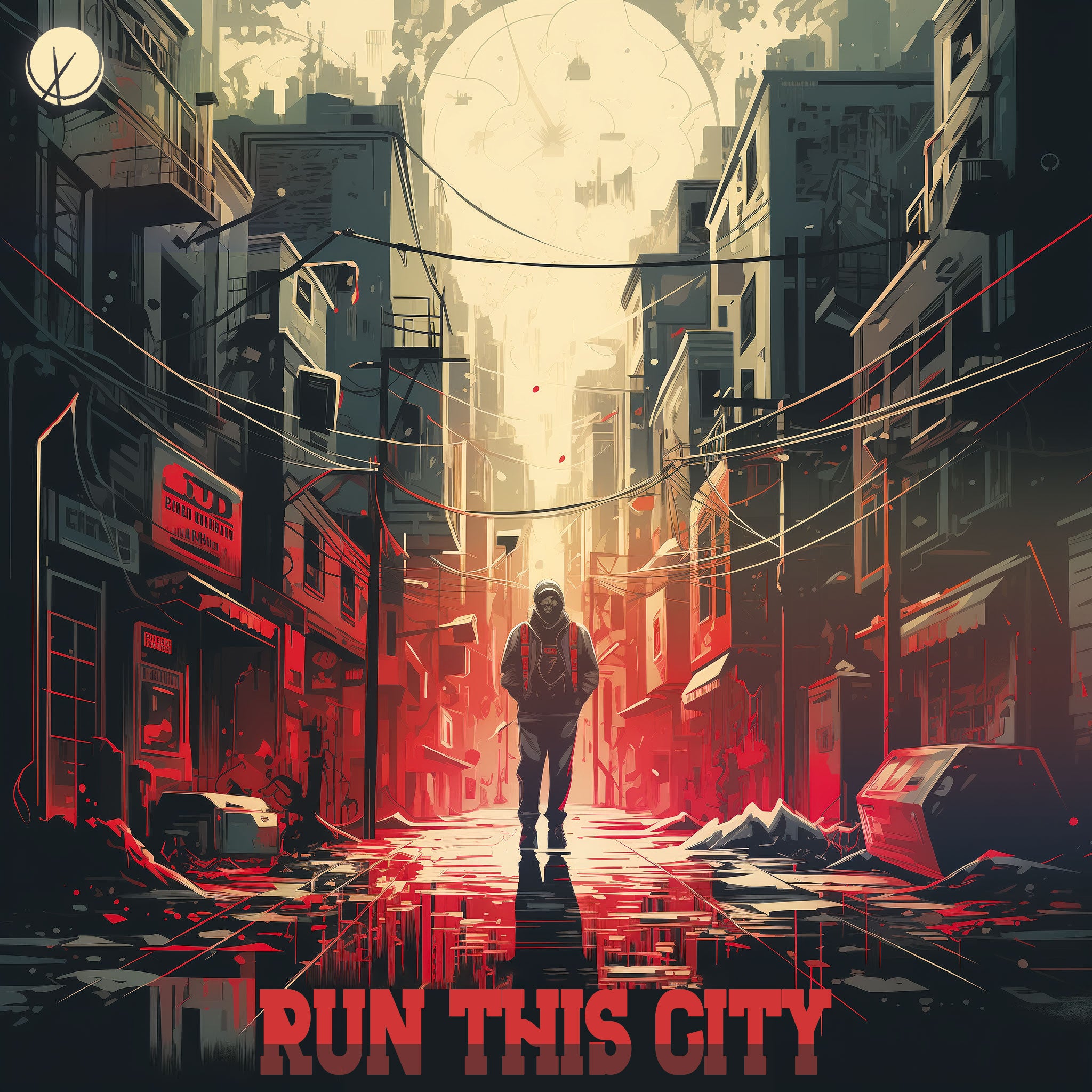 Run This City: Man Walking Through a Dystopian Future-Like City, Wearing Urban Style Clothing at Night on an Empty Street - Illustration