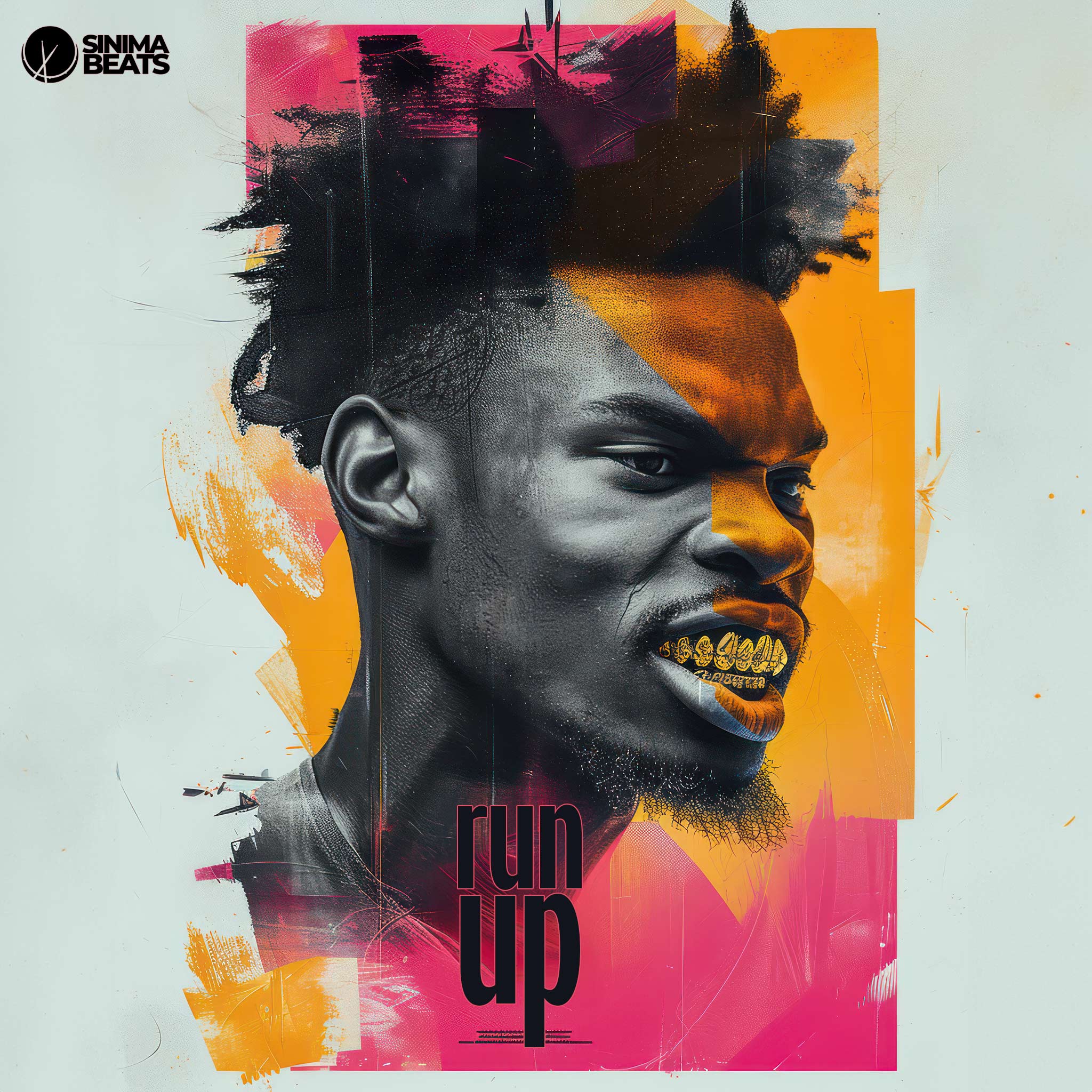 ‘Run Up’ displays a gangsta rapper with gold grills and an angry expression, set in a collage-style design. The use of bold orange and pink colors over an off-white background with a textured overlay adds an intense and edgy feel to the artwork.