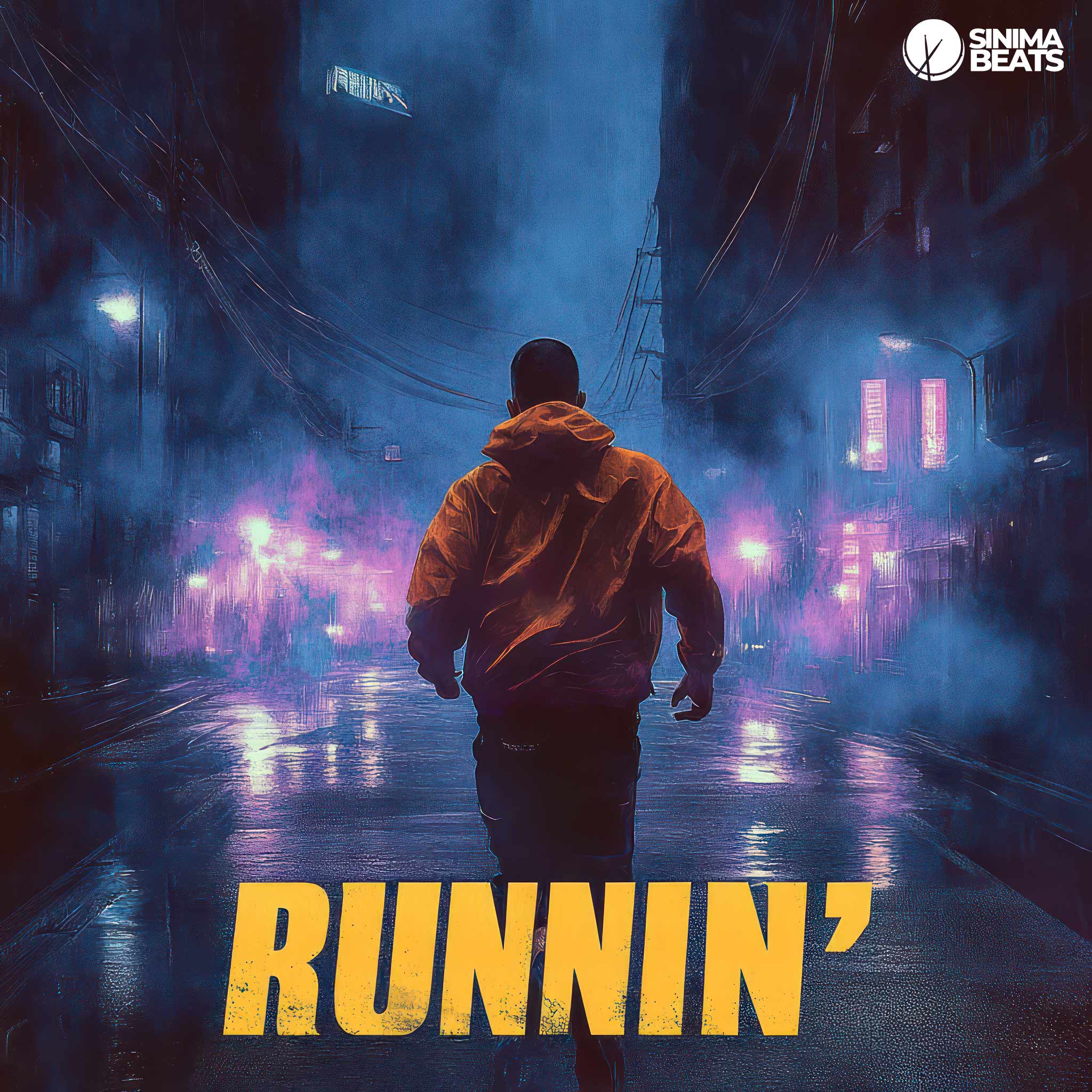 ‘Runnin’’ depicts a man wearing a yellow hooded jacket, running down a city street at night, as if escaping a dramatic situation. The dynamic scene emphasizes a sense of urgency and motion, capturing the intensity of the moment.