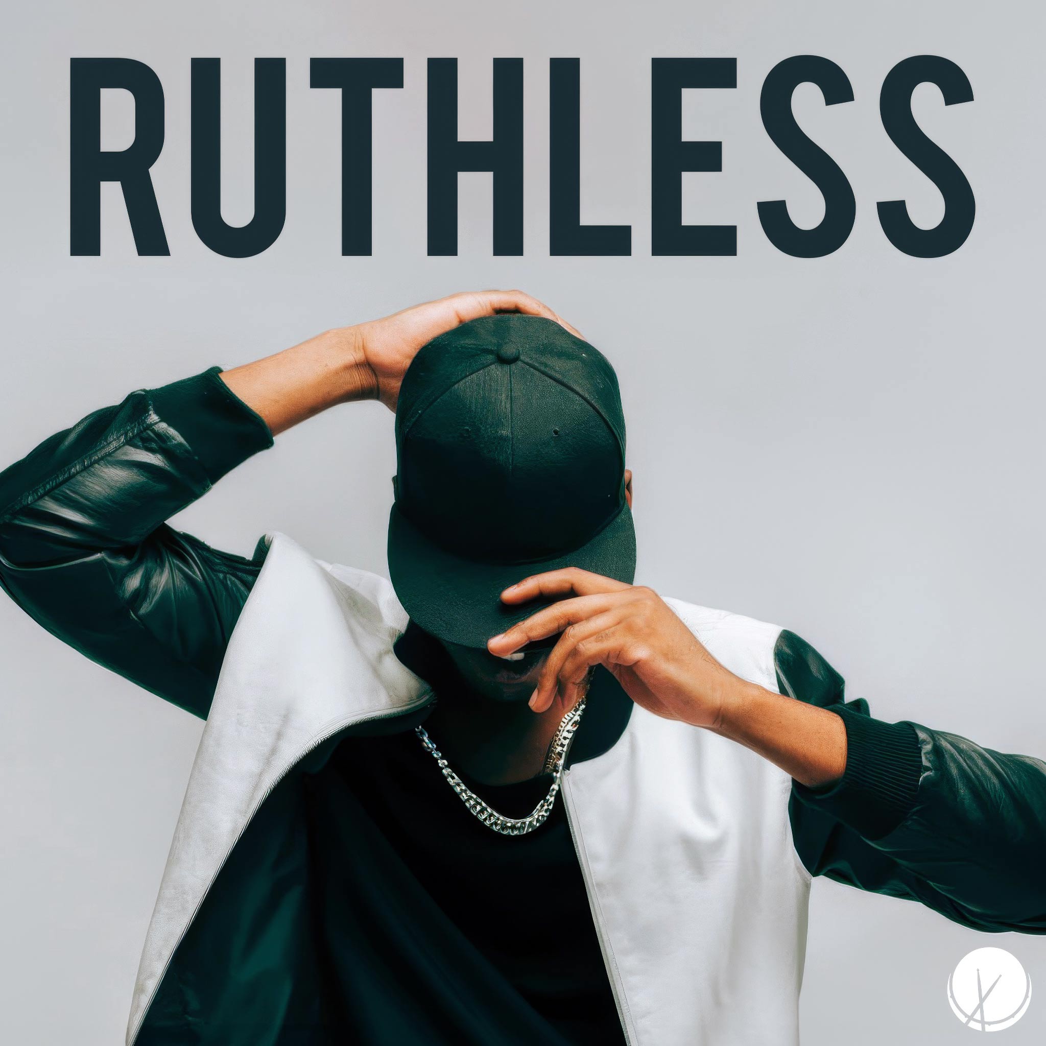 Rapper Wearing a White and Black Varsity Jacket with Leather Sleeves, a Silver Chain, Black T-Shirt and Baseball Cap Tipped Forward over a Solid Gray Background (2048 by 2048px, high resolution). Title: "Ruthless."