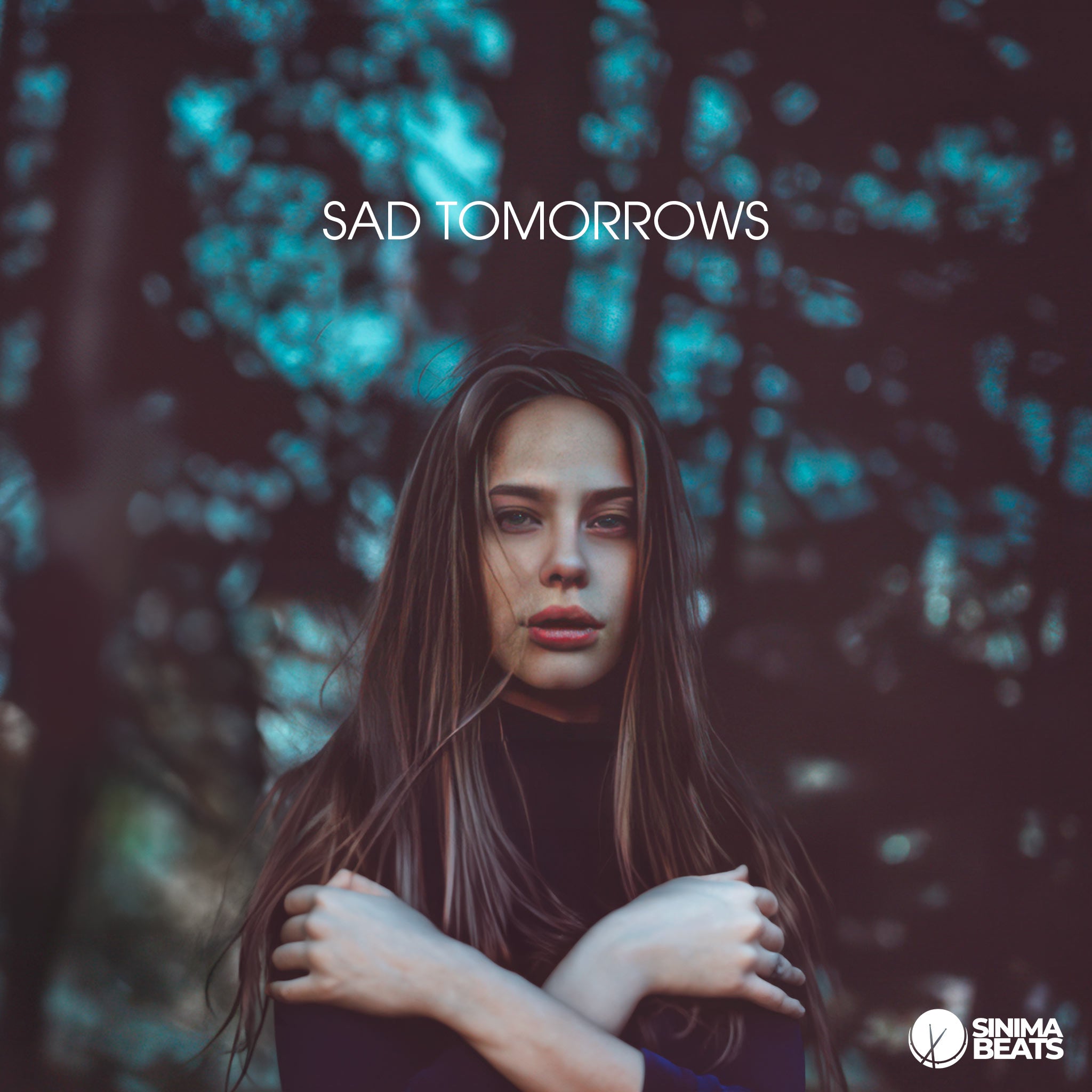 A beautiful brunette woman with dark green eyes and long, straight hair stands with her arms folded as if shivering in a forest under dim skies, conveying a sense of melancholy and introspection. - Sad Tomorrows