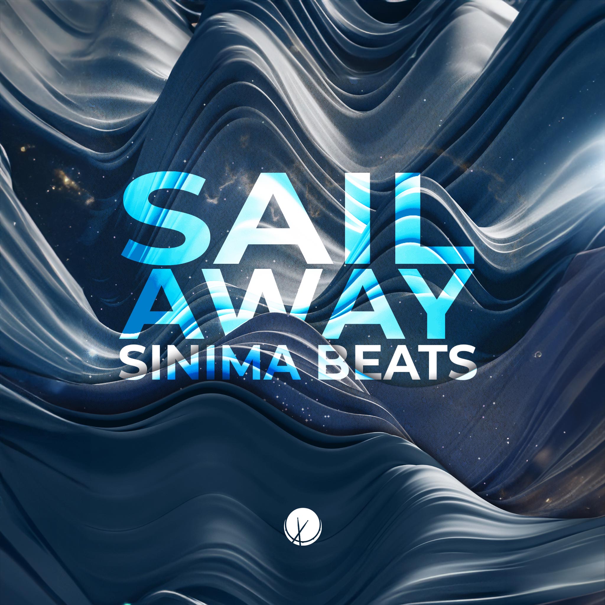 An illustration of deep blue ocean waves with a double exposure effect of stars, creating a serene and expansive backdrop. The design features typography elements that capture the essence of deep house music. – Sail Away